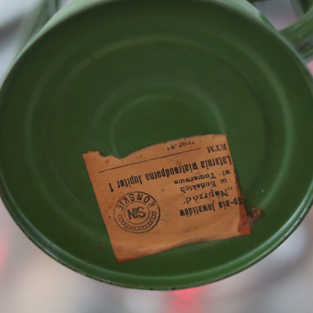 Rare Vintage Jupiter-1 Green Hurricane Lantern – Unique Flat Glass Holder with Red and Clear Panels showing green base detail