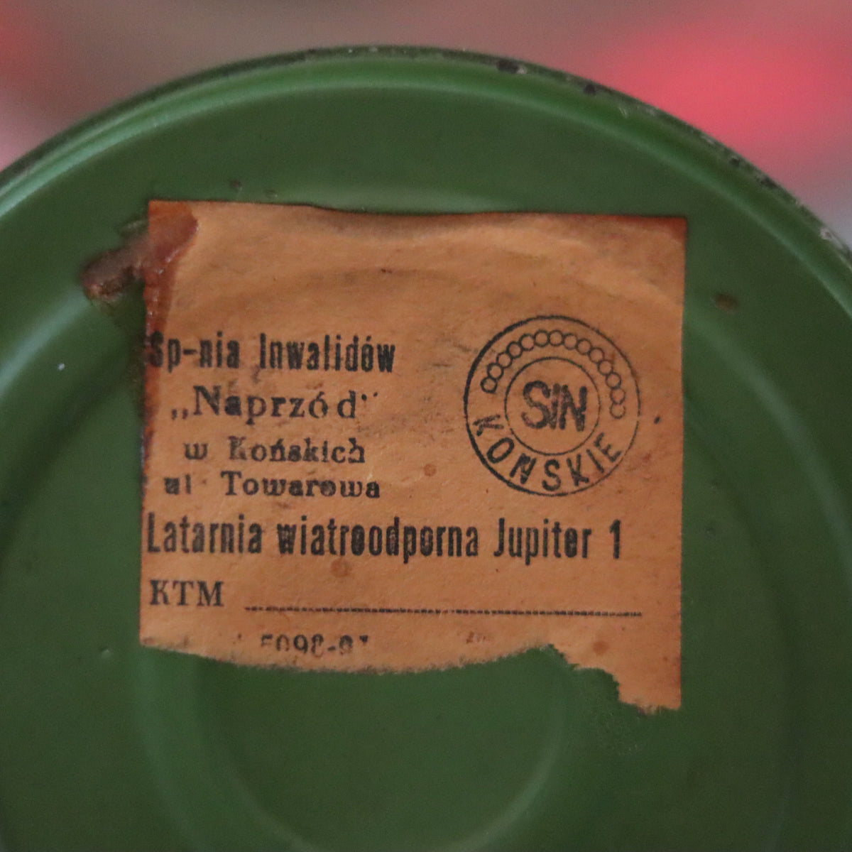 Rare Vintage Jupiter-1 Green Hurricane Lantern – Unique Flat Glass Holder with Red and Clear Panels oil lamp close-up label view