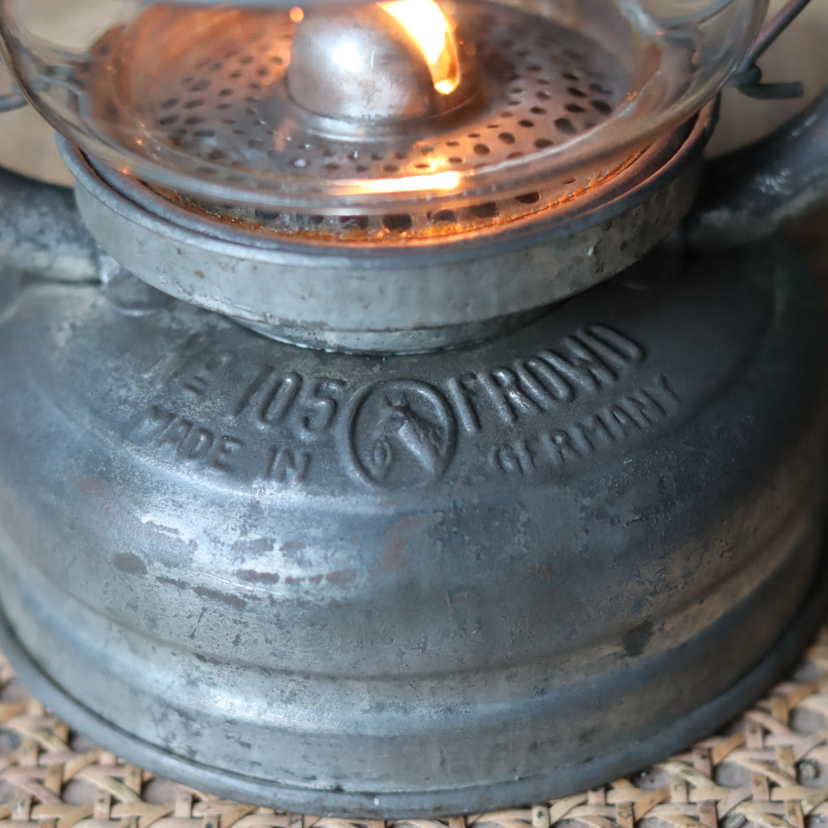 Rare Vintage Frowo 105 Hurricane Lantern – Pre-War/short post war Model with Dog Emblem oil lamp detail close-up light flame