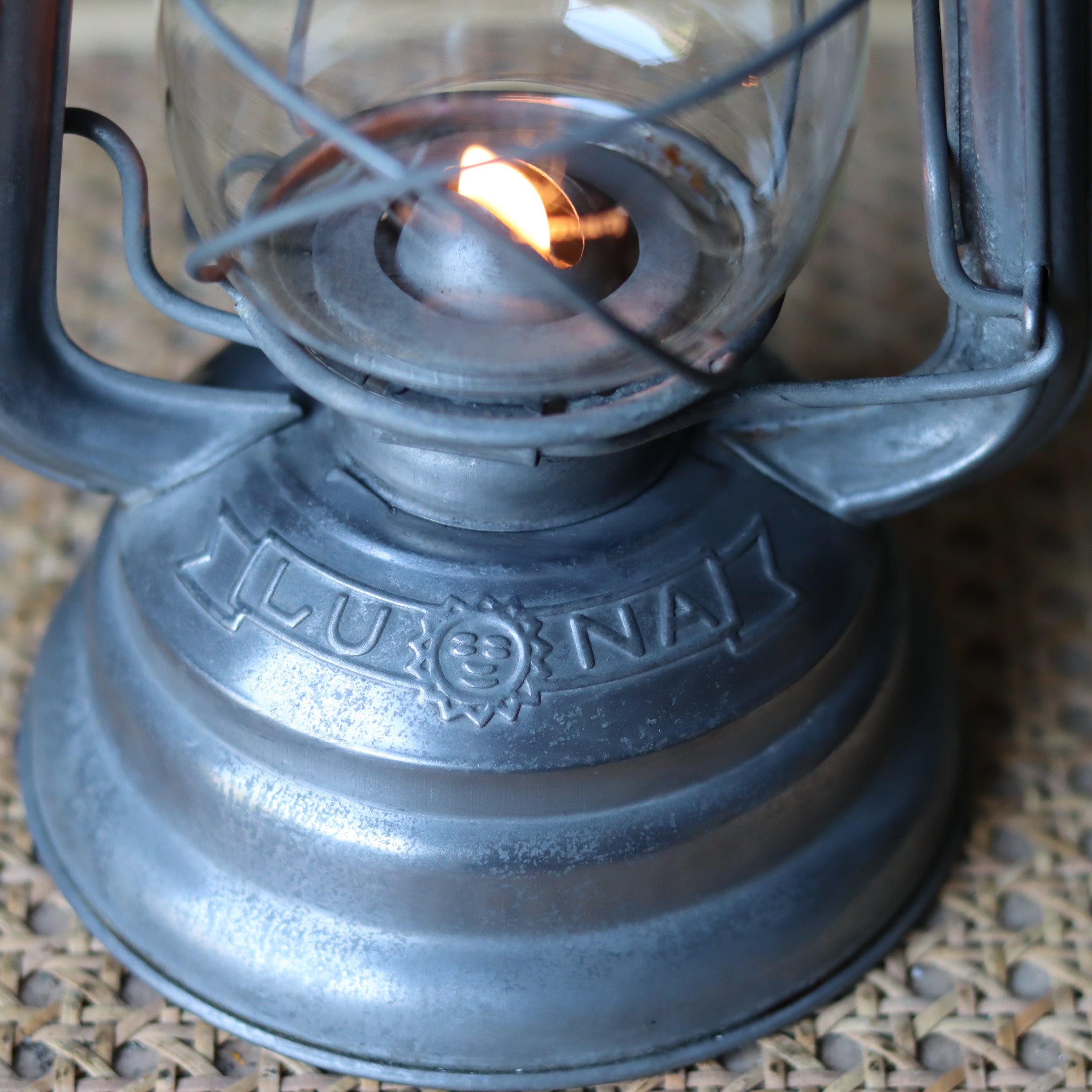 Rare Vintage Hurricane Lantern – Luna Type 100, Yugoslavia 1960s–1970s oil lamp with lit flame in excellent condition