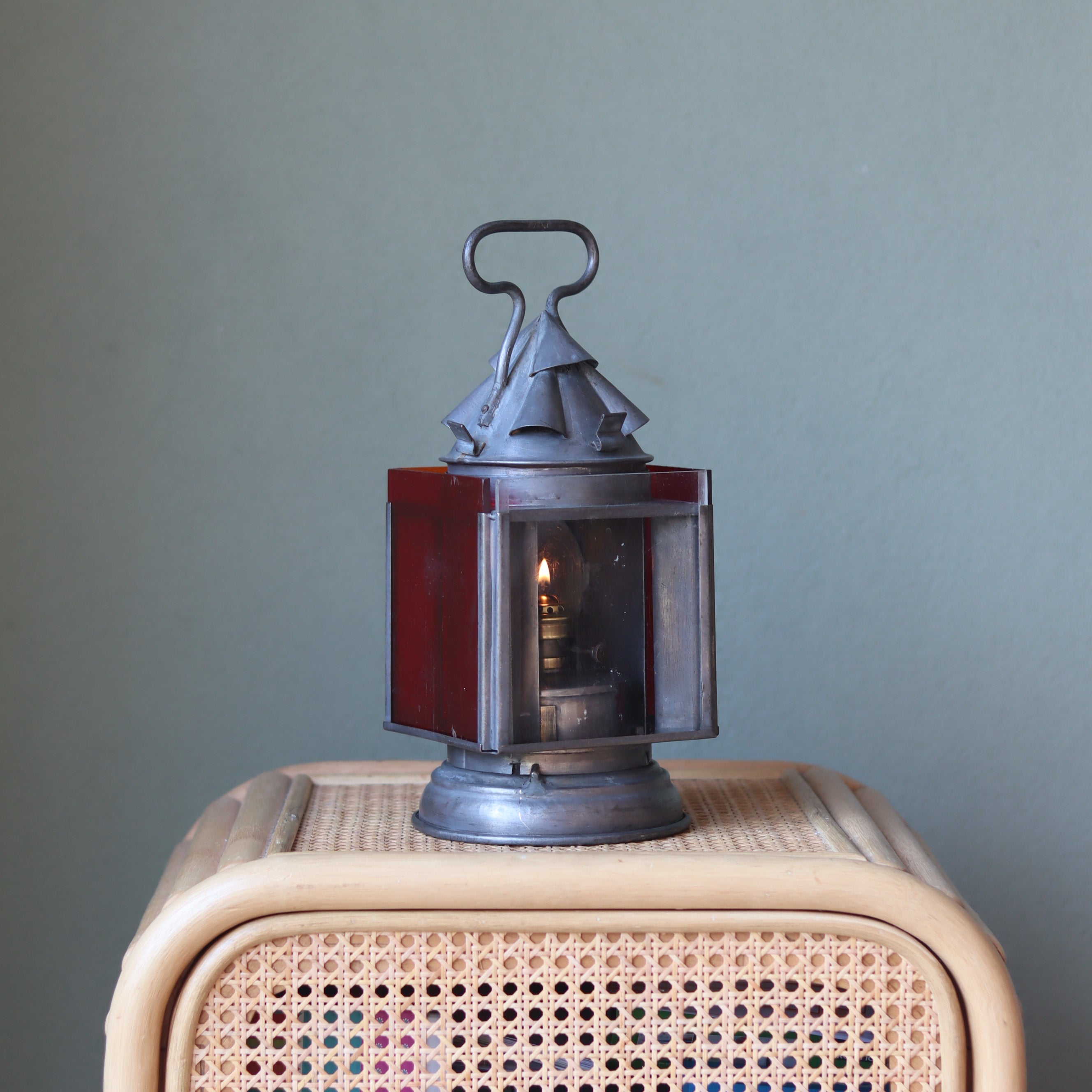Vintage Railway Signal Lantern – Rare Collectible with 4 Colored Glass Panels featuring an oil lamp with a lit flame