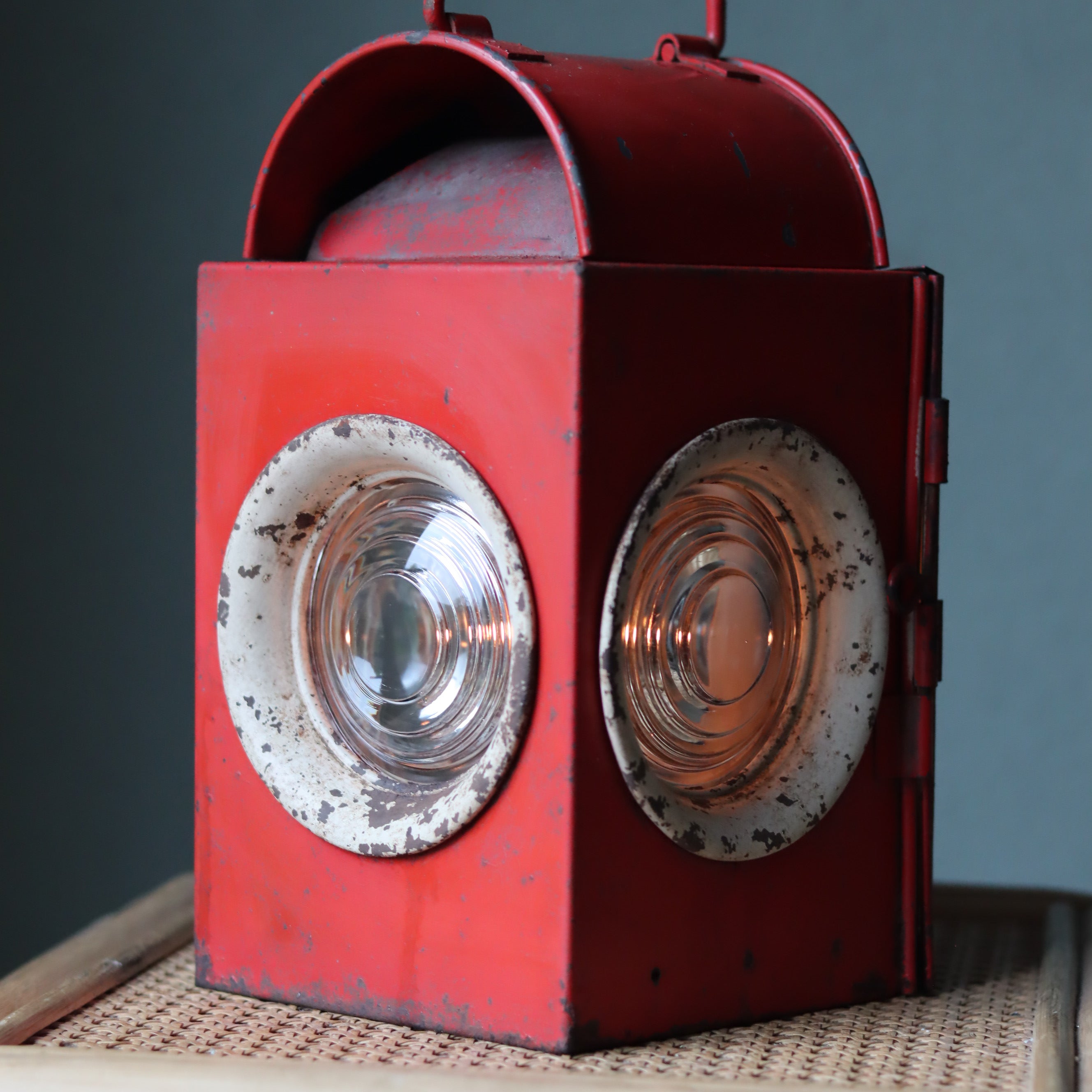 Vintage Roadwork Oil Lamp – A. Sartorius Wuppertal with Fishtail Burner (1960s) showing red metal and glass lenses