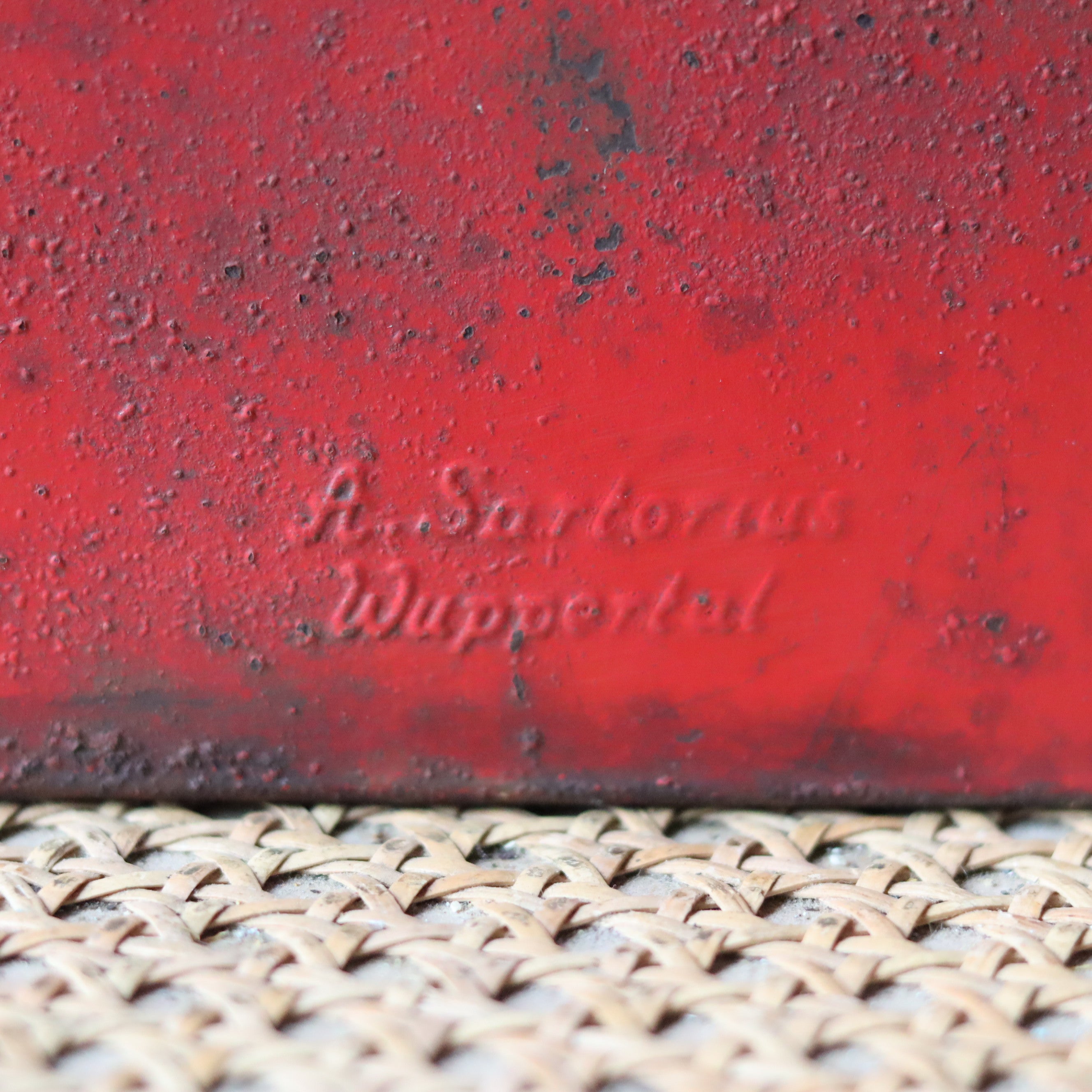 Close-up of Vintage Roadwork Oil Lamp – A. Sartorius Wuppertal with Fishtail Burner (1960s) embossed brand mark on metal surface