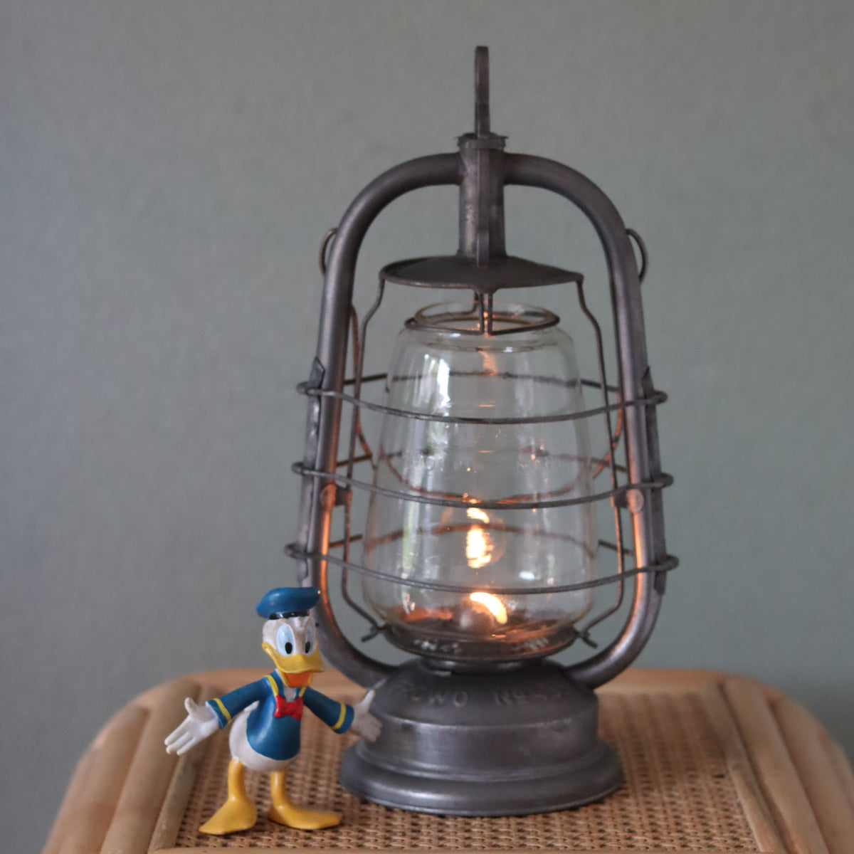 Rare Vintage Frowo Hurricane Lantern – Model No. 435 (1960s–1970s) with lit oil lamp in metal frame