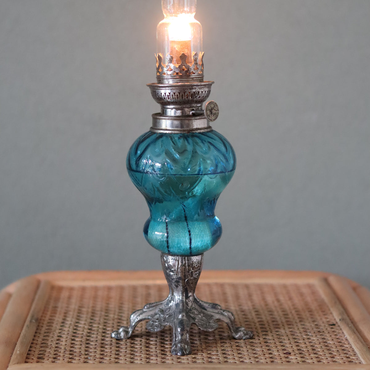 Rare Vintage French Oil Lamp – SI Paris Burner – Chrome Base with blue glass reservoir lit in 1930s style design