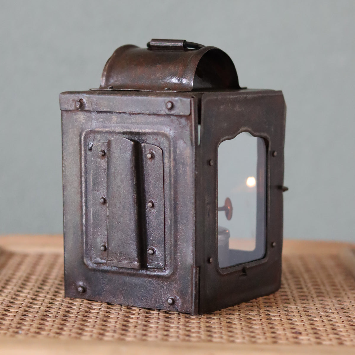 Rare Vintage Lantern – 1930s Automotive or Carriage Lamp showing detailed metal oil lamp with glass window and handle