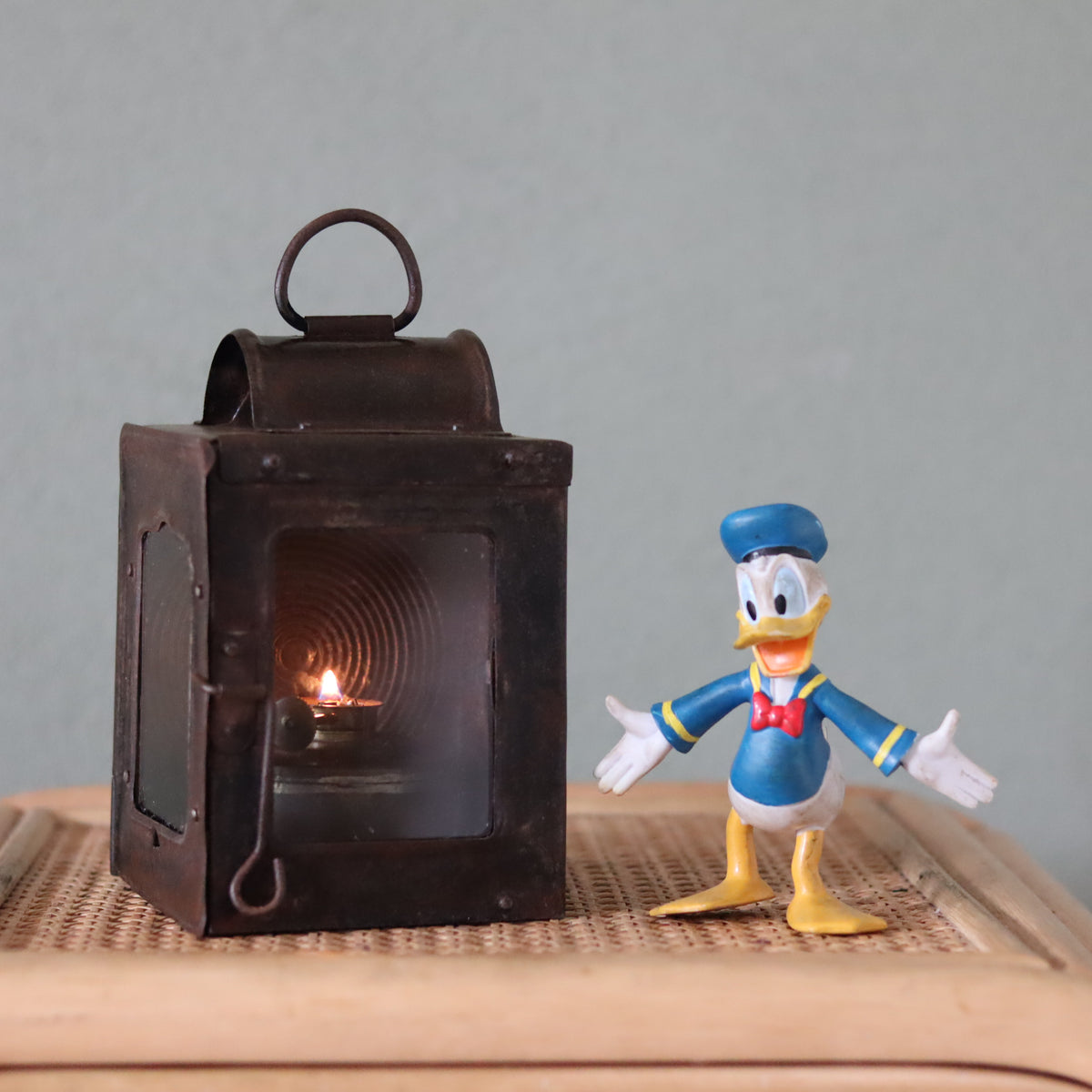 Rare Vintage Lantern – 1930s Automotive or Carriage Lamp with lit oil lamp inside and rustic metal casing