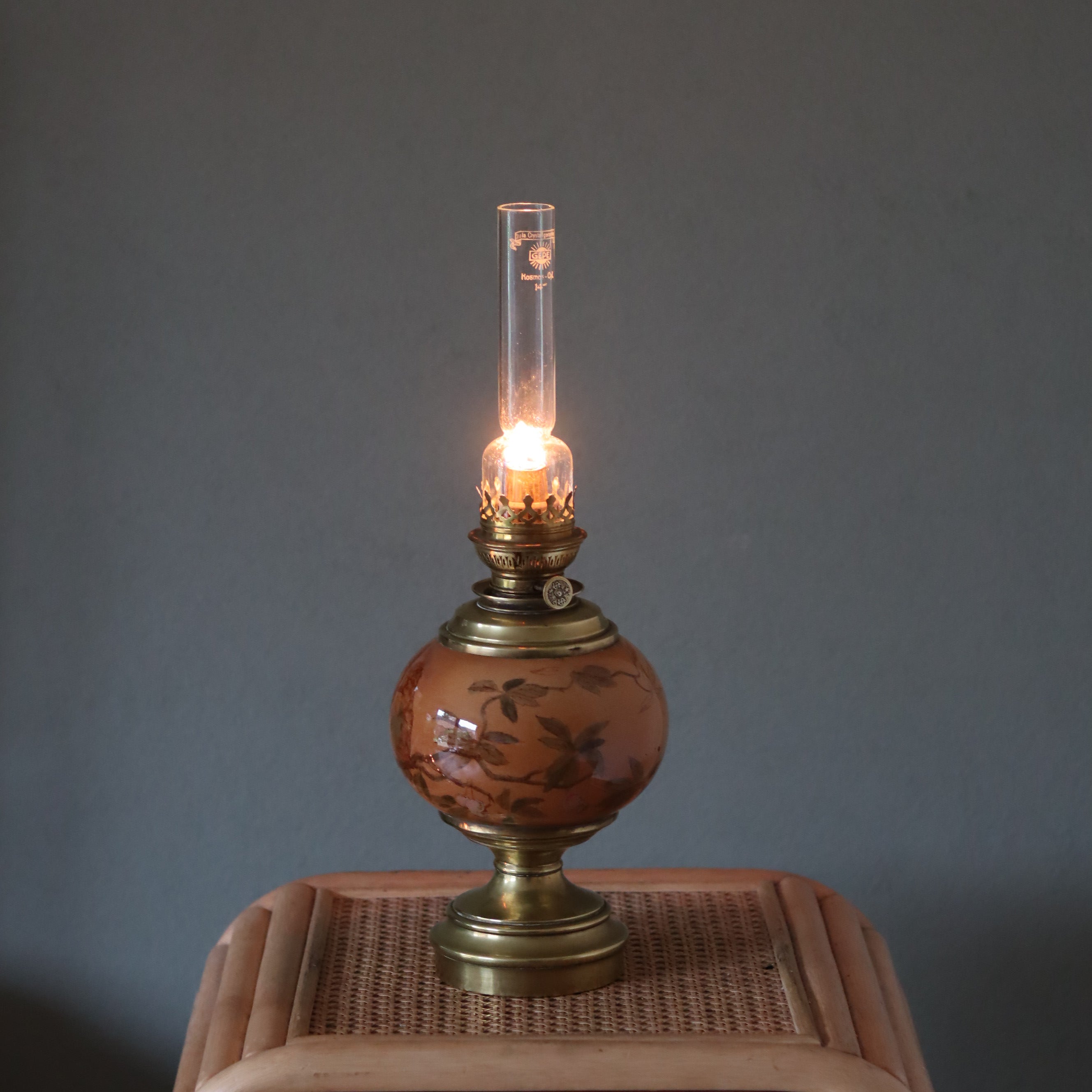Rare Vintage French Oil Lamp – SI Paris Burner – Brass Base & Porcelain Reservoir with Birds – 1930s lit in dark setting