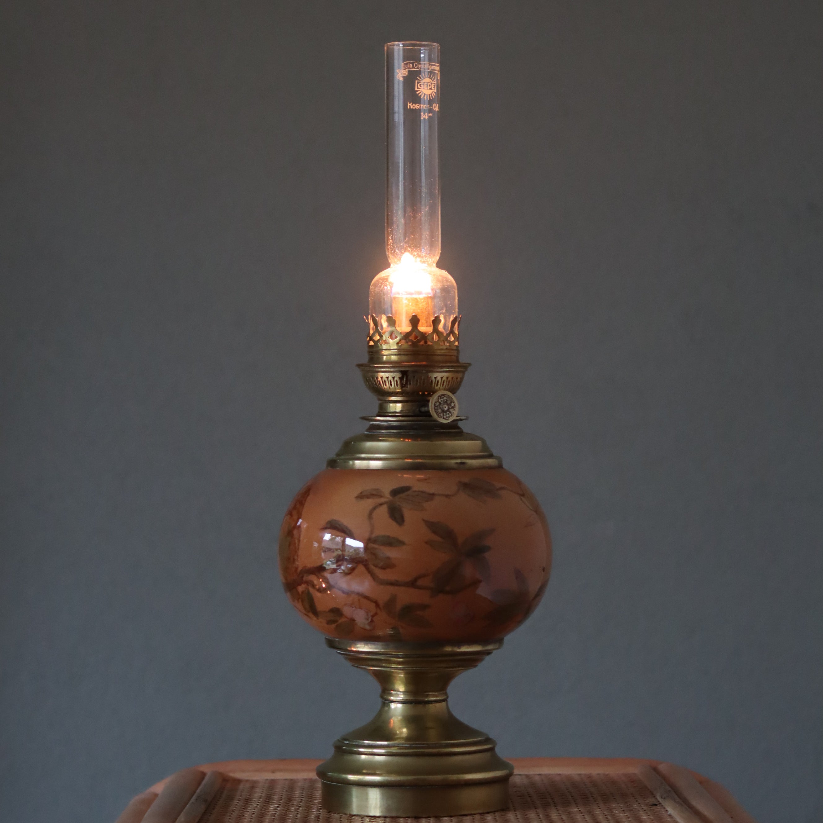 Rare Vintage French Oil Lamp – SI Paris Burner – Brass Base & Porcelain Reservoir with Birds – 1930s lit ornate oil lamp