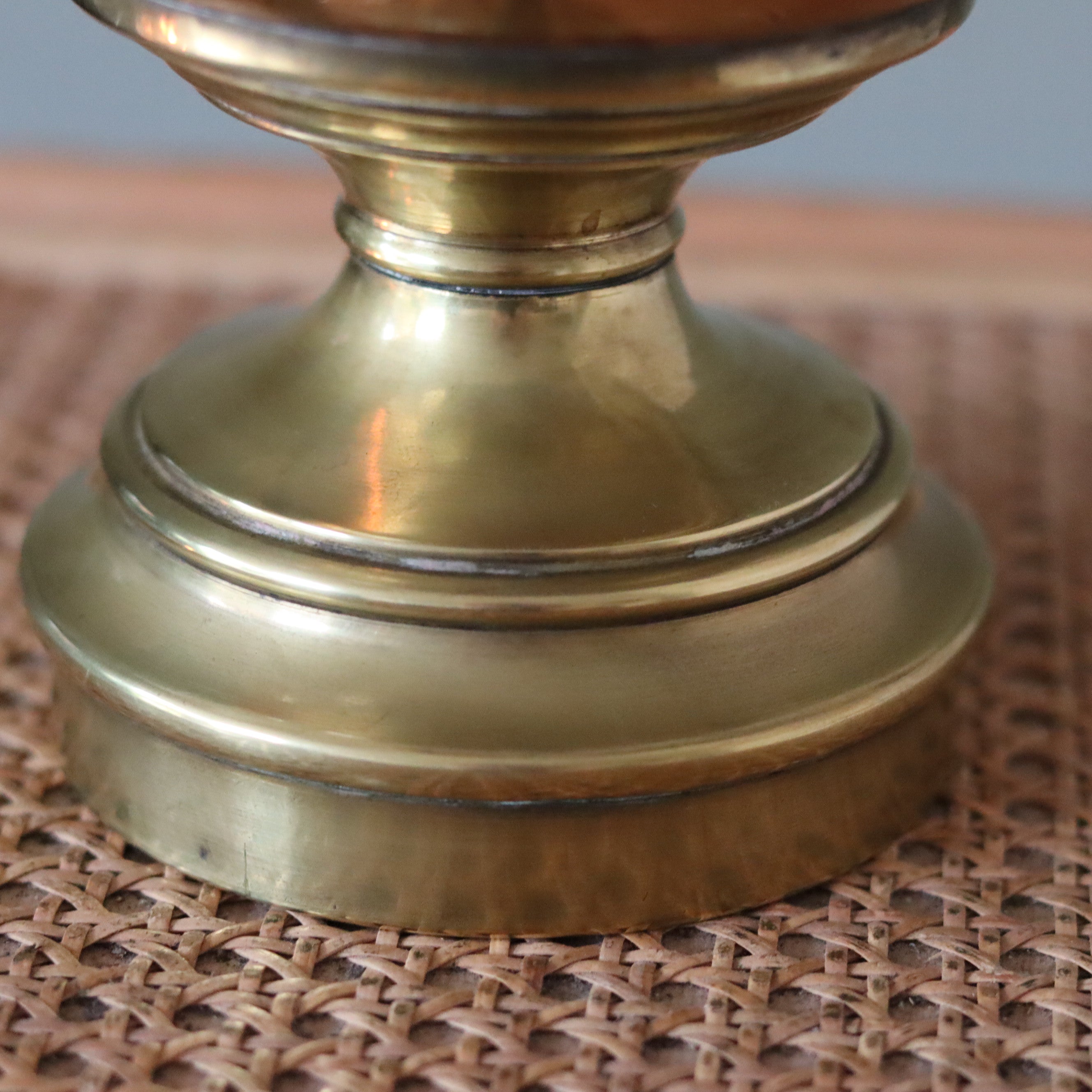 Rare Vintage French Oil Lamp – SI Paris Burner brass base detail on woven surface from 1930s porcelain reservoir with birds