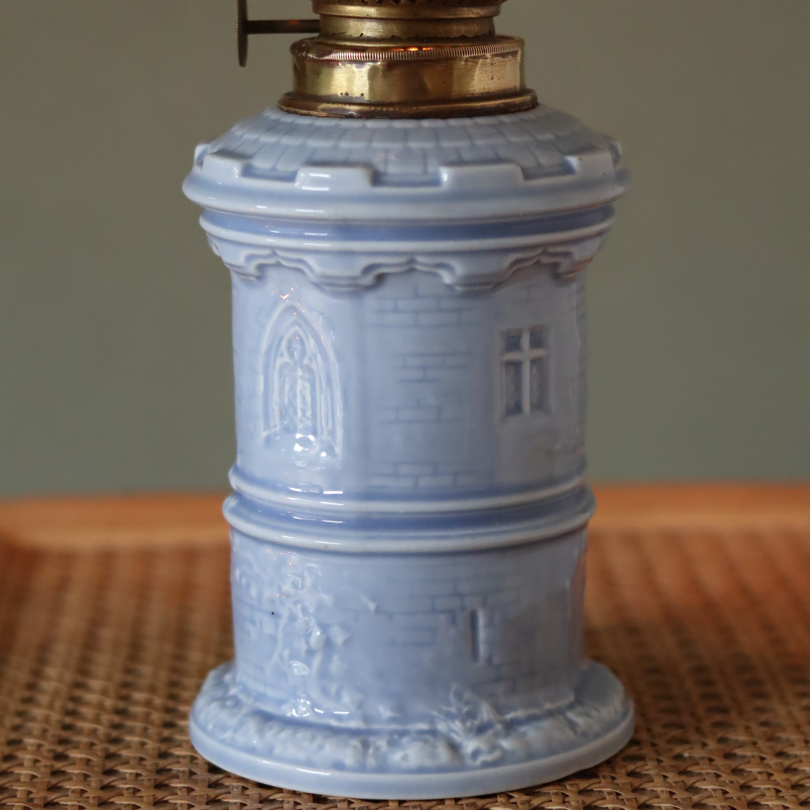 Rare Vintage Ceramic Oil Lamp – Tower Design with Wild & Wessel Burner (1930s) in soft blue ceramic finish