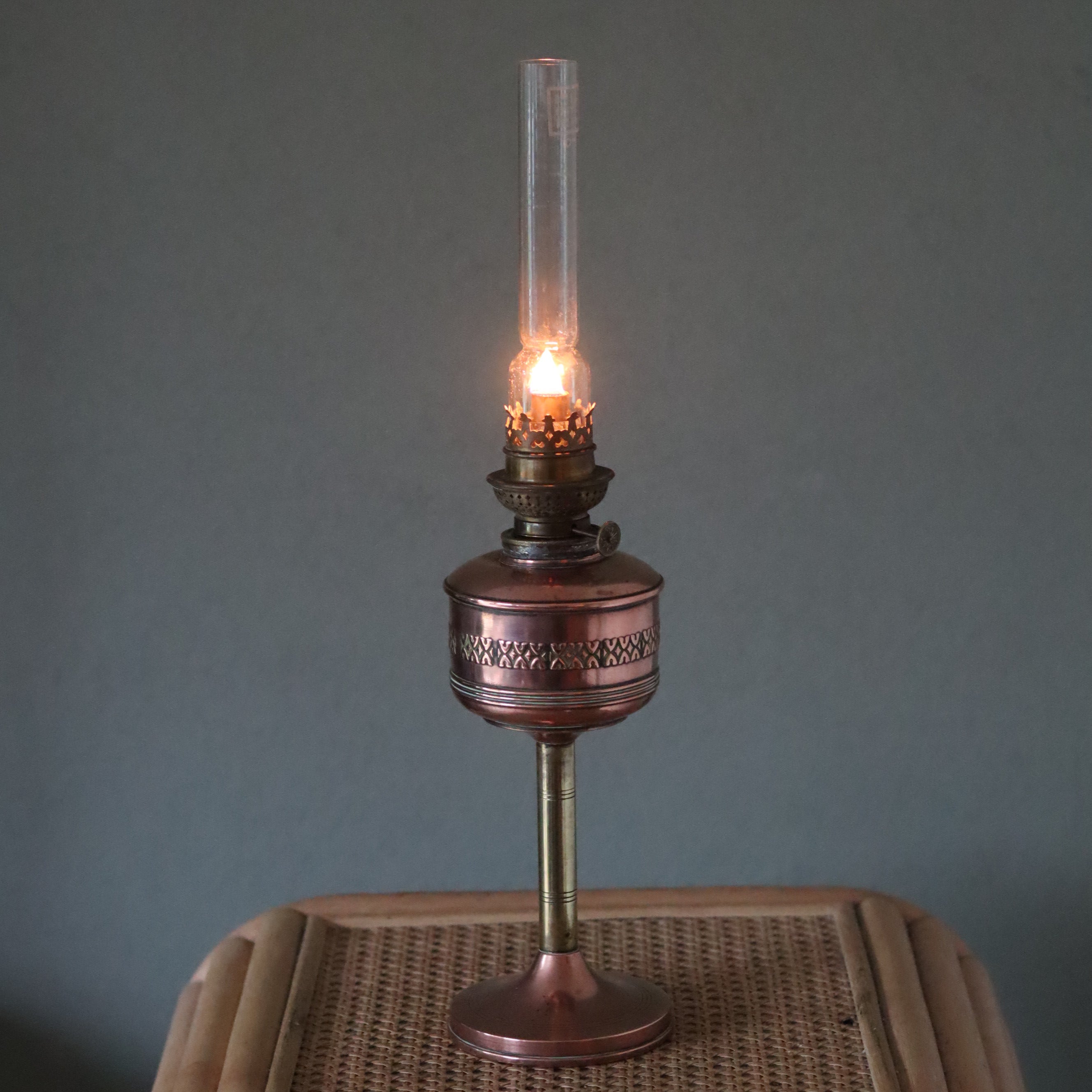 Vintage Copper &amp; Brass Oil Lamp – Pigeon Burner (1950s)