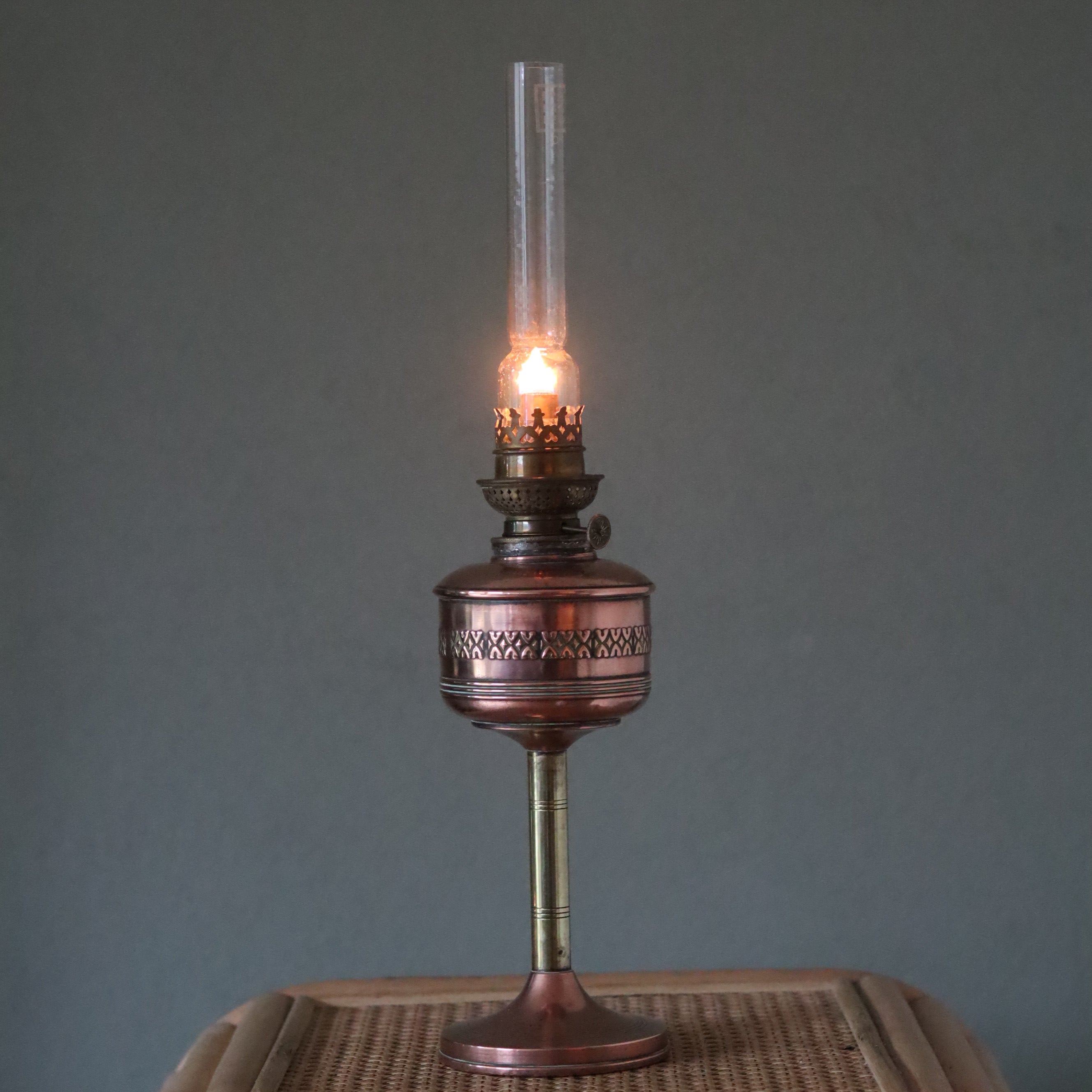 Vintage Copper &amp; Brass Oil Lamp – Pigeon Burner (1950s)