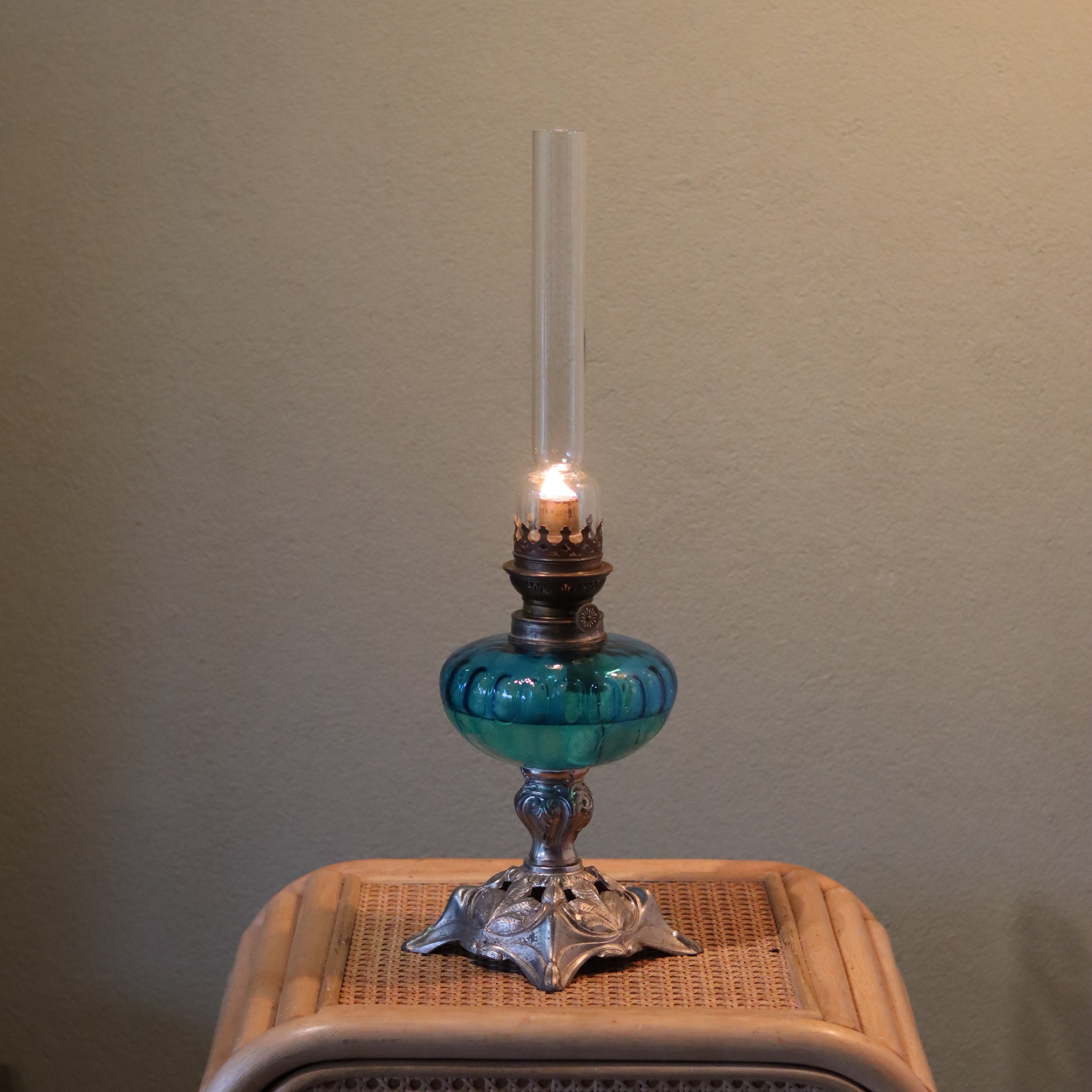 Large Vintage SIAE Oil Lamp – French Design with Silver Base & Blue Glass Reservoir (1950s)