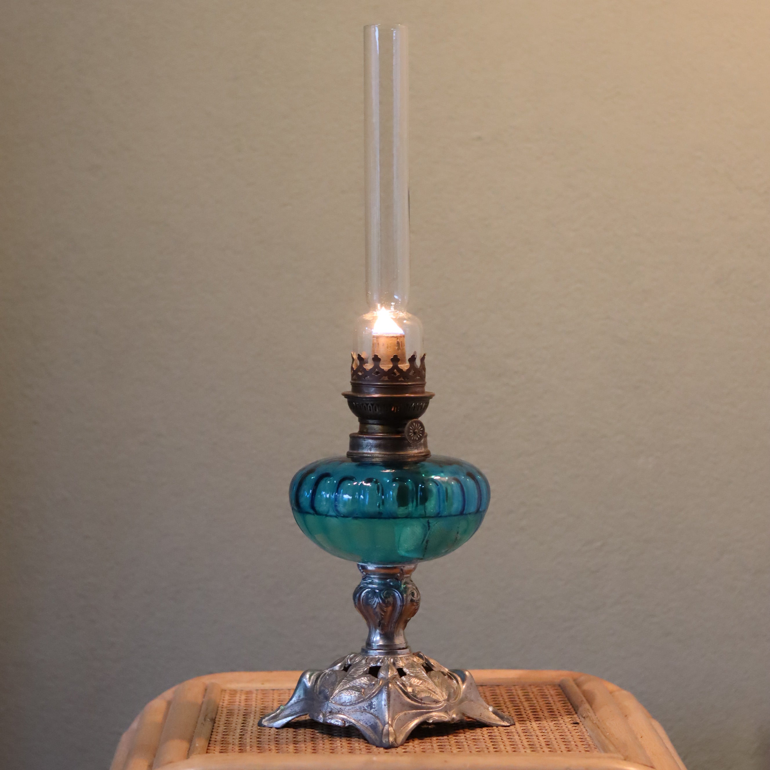 Large Vintage SIAE Oil Lamp – French Design with Silver Base & Blue Glass Reservoir (1950s)