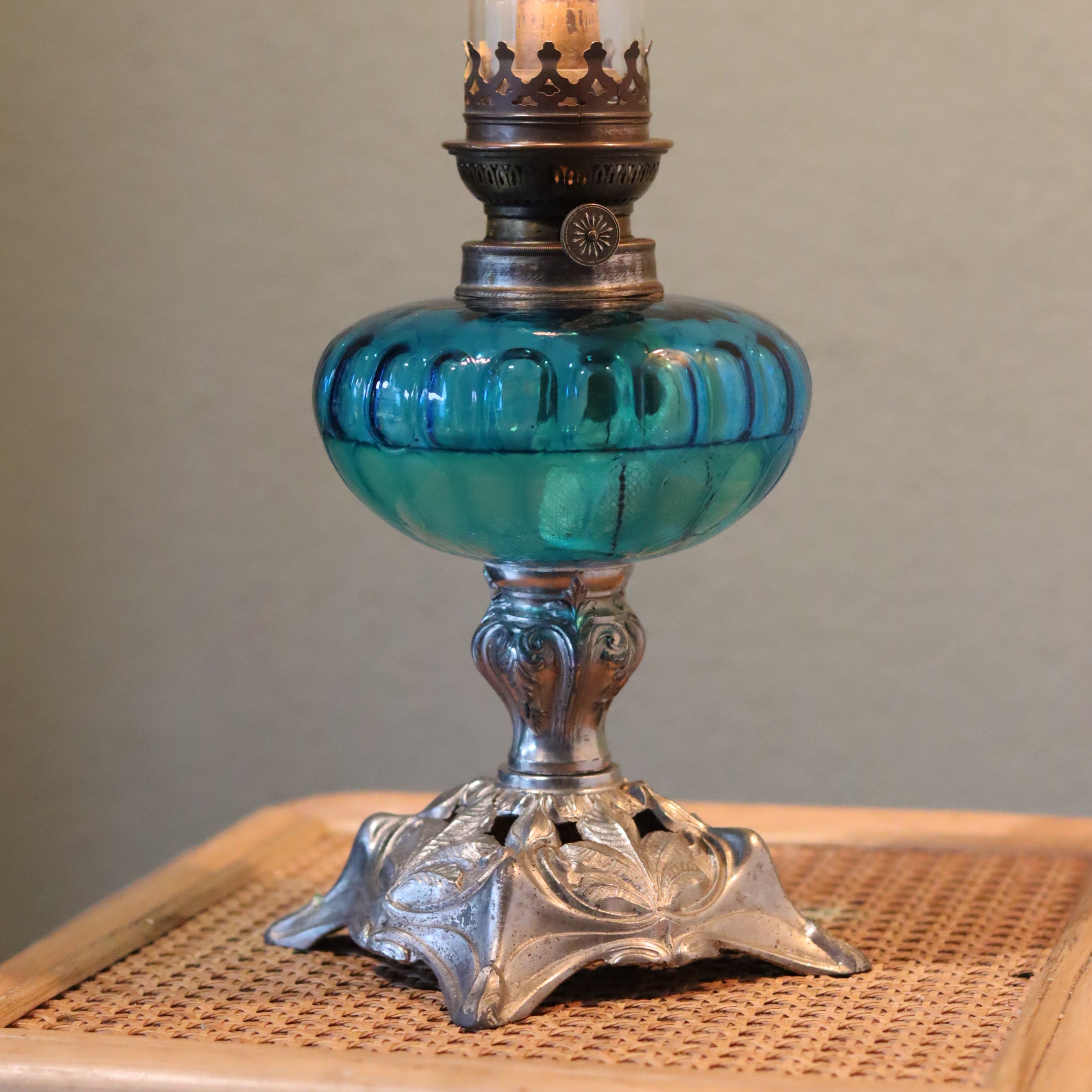 Large Vintage SIAE Oil Lamp – French Design with Silver Base & Blue Glass Reservoir (1950s)