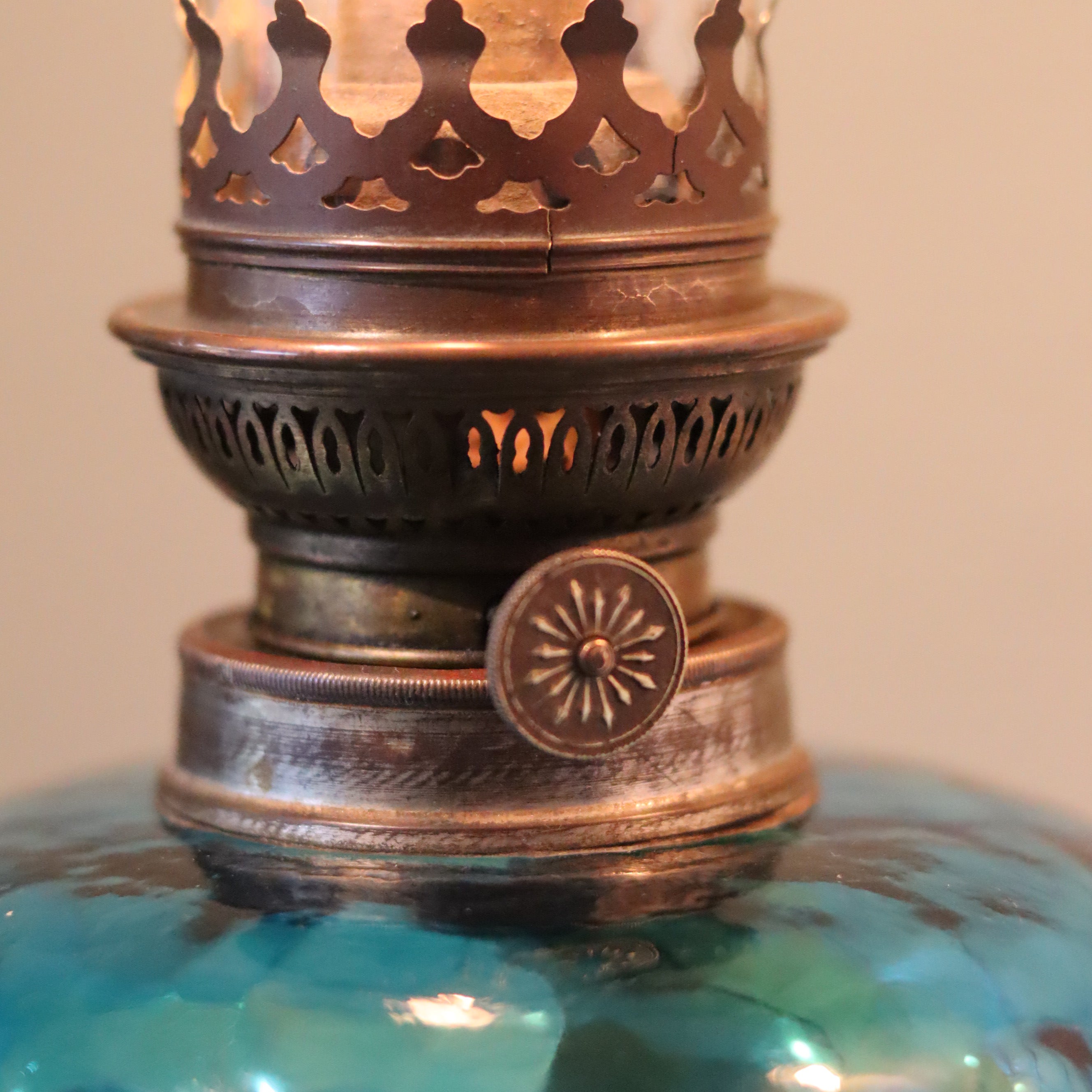 Large Vintage SIAE Oil Lamp – French Design with Silver Base & Blue Glass Reservoir (1950s)