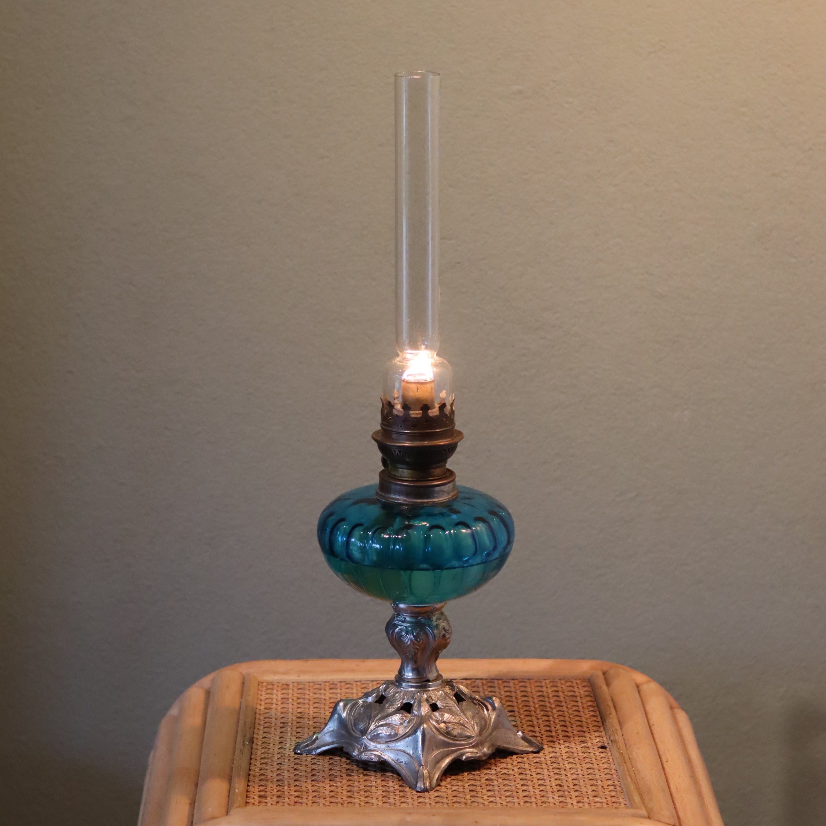 Large Vintage SIAE Oil Lamp – French Design with Silver Base & Blue Glass Reservoir (1950s)