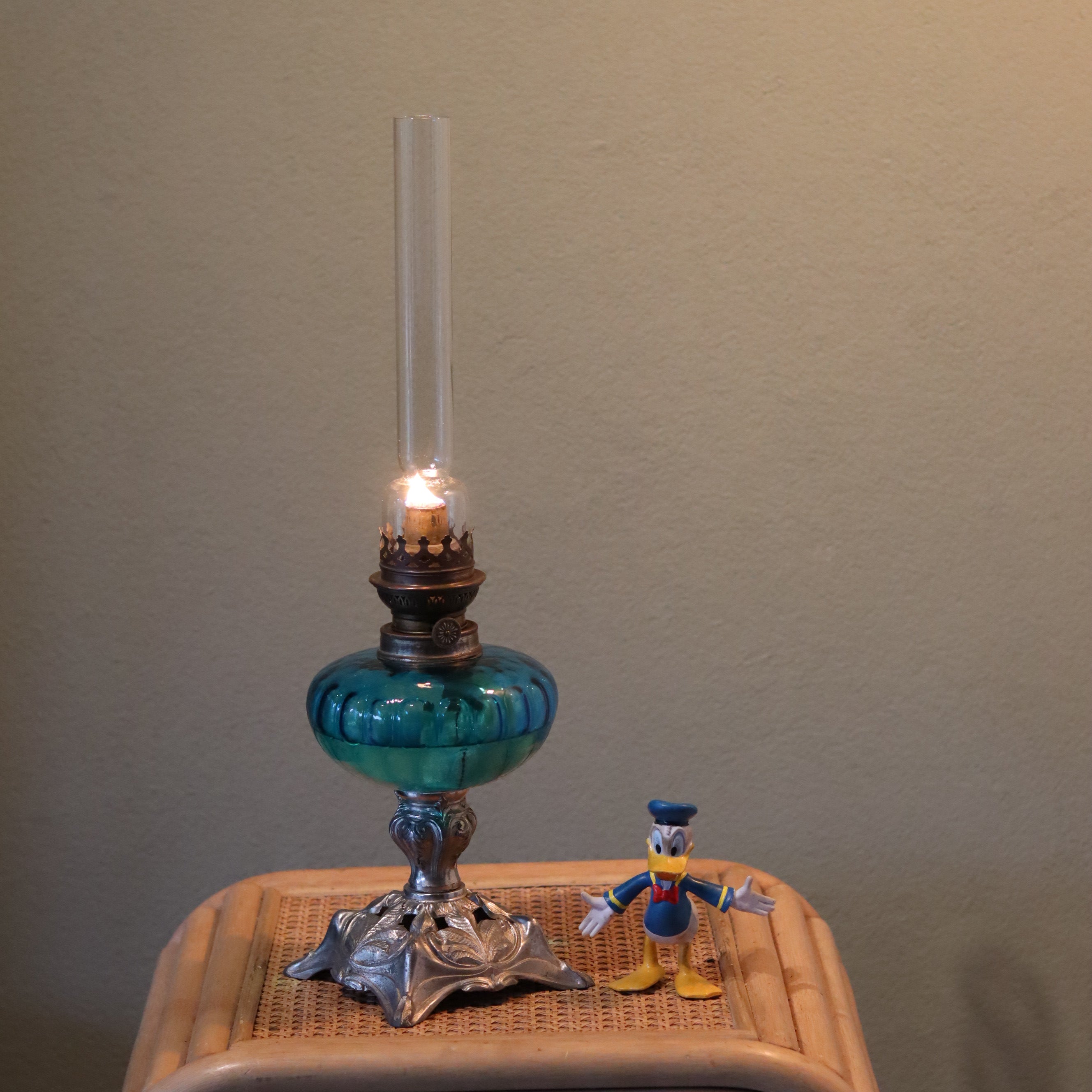 Large Vintage SIAE Oil Lamp – French Design with Silver Base & Blue Glass Reservoir (1950s)
