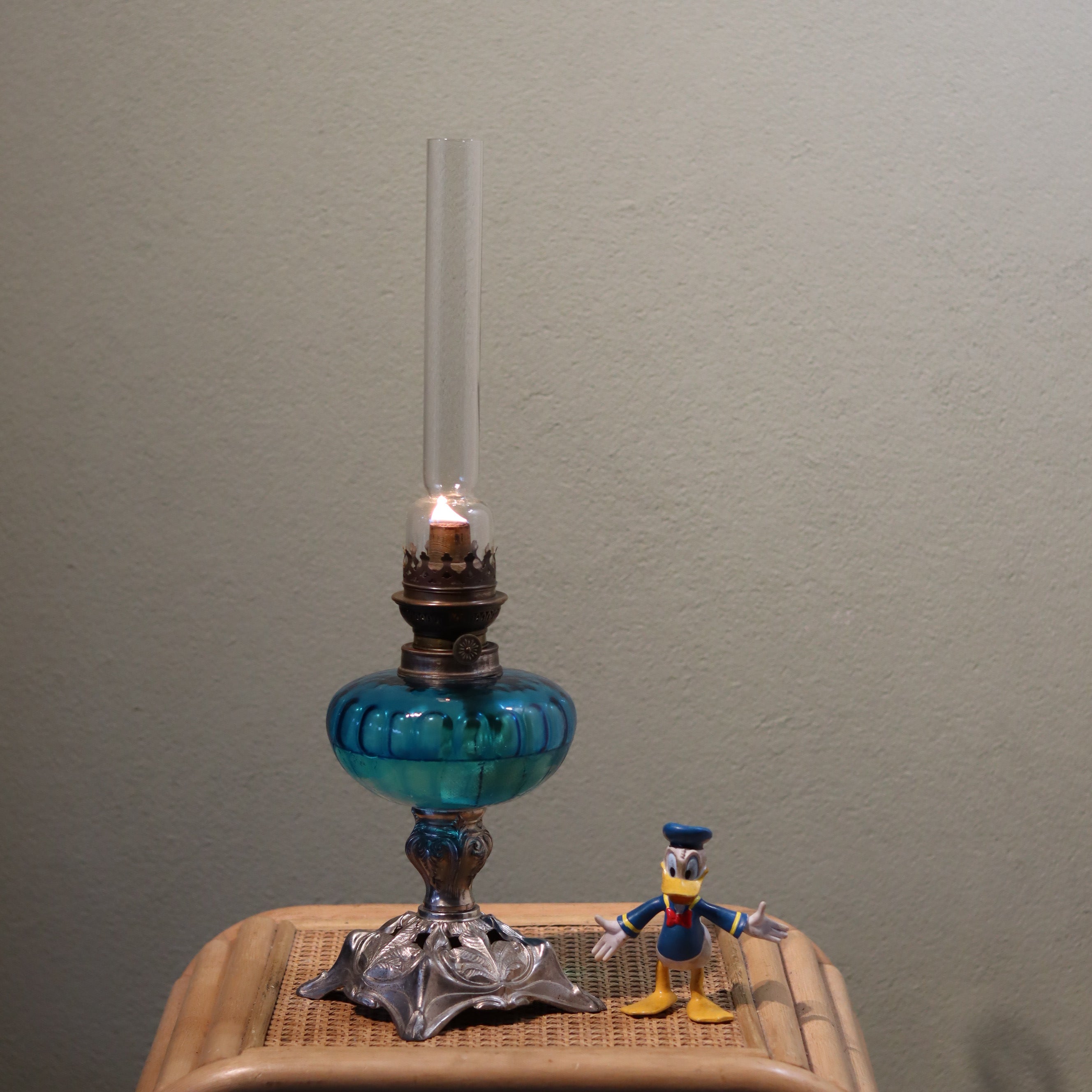 Large Vintage SIAE Oil Lamp – French Design with Silver Base & Blue Glass Reservoir (1950s)
