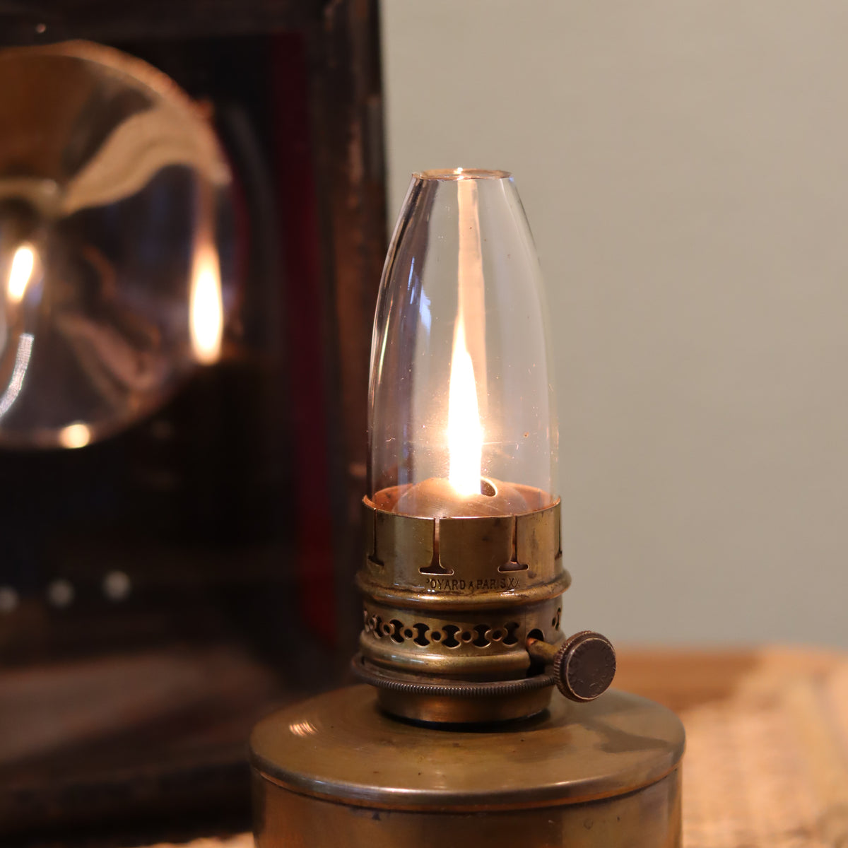 Rare Antique Railway Signal Lamp – Poyard à Paris, Complete and Functional oil lamp with glass chimney and brass base circa 1920–1930