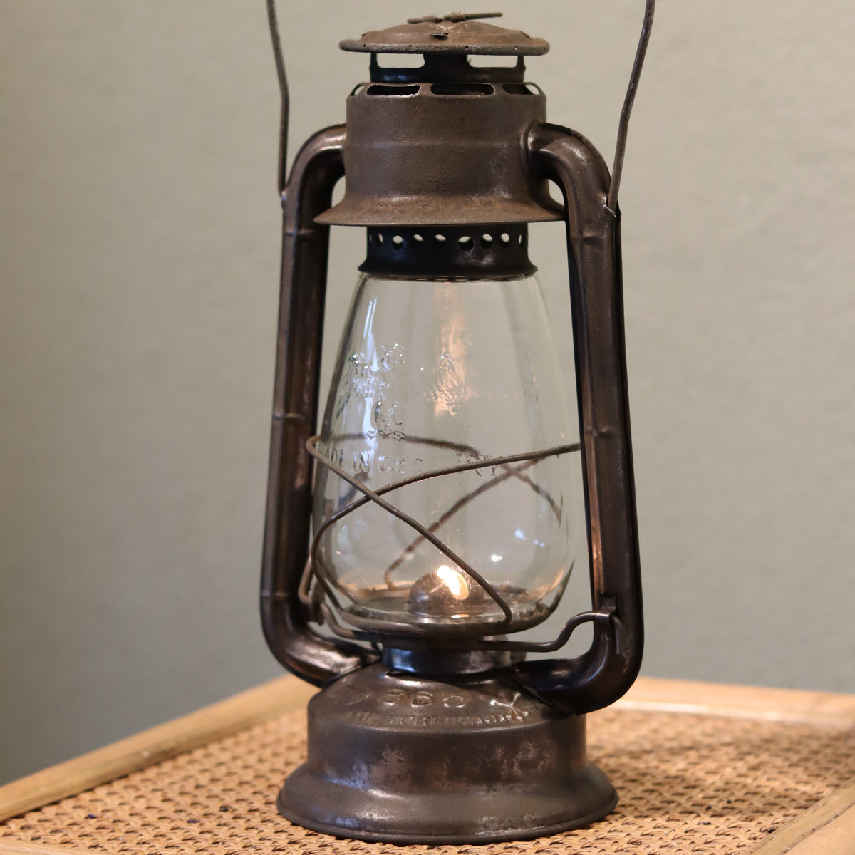 Rare Old Hurricane Lantern – Mewa 865 – Early Model with Unique Phönix Glass showcasing antique oil lamp design from Czechoslovakia