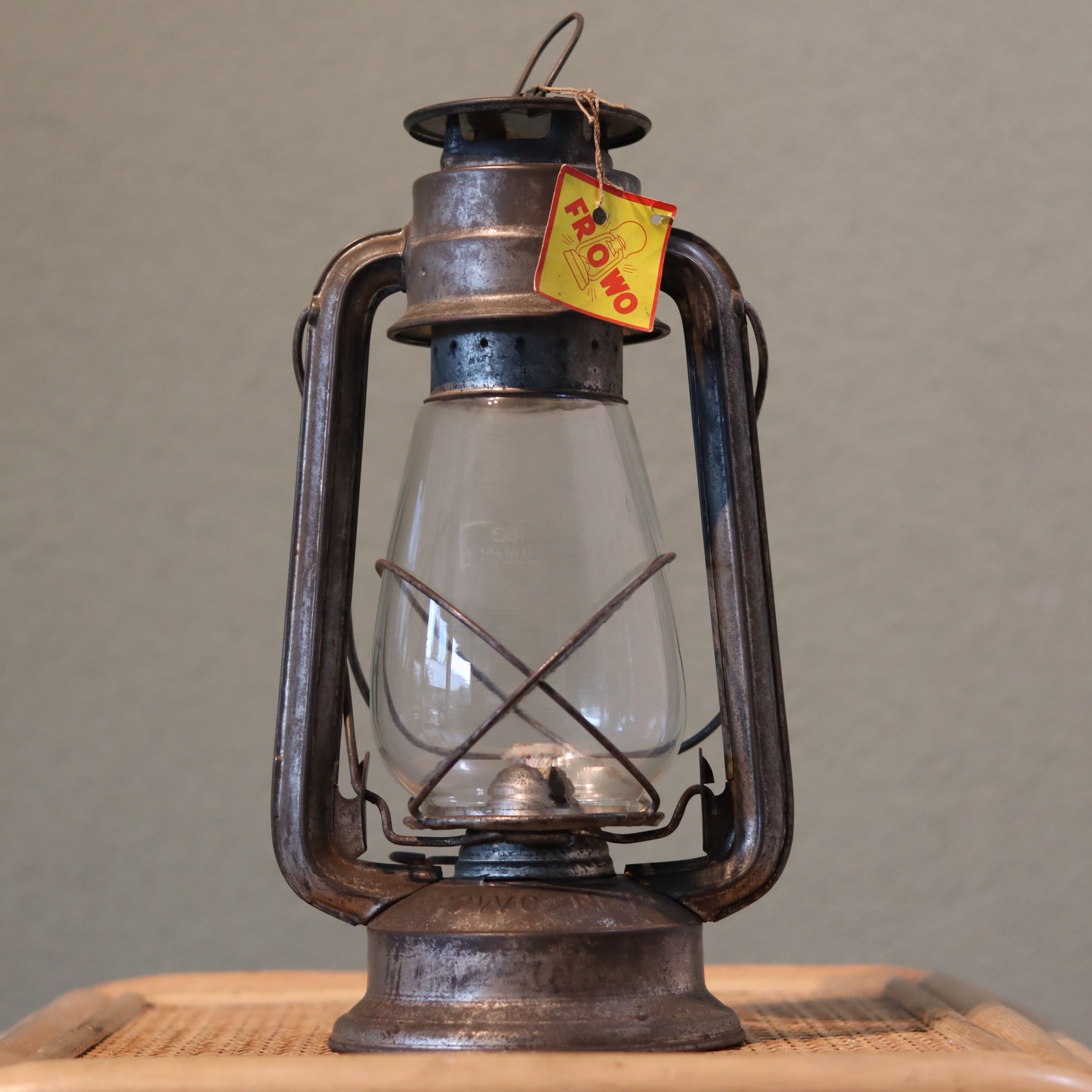 New Old Stock Vintage Frowo Hurricane Lantern – Model 75 (1960s/70s) showing classic oil lamp design with brand tag intact.
