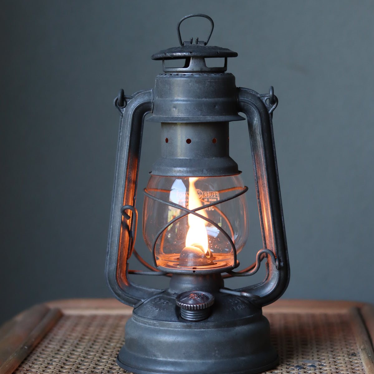 Restored Vintage Feuerhand Baby 275 Hurricane Lantern – Western Germany oil lamp glowing with authentic German craftsmanship