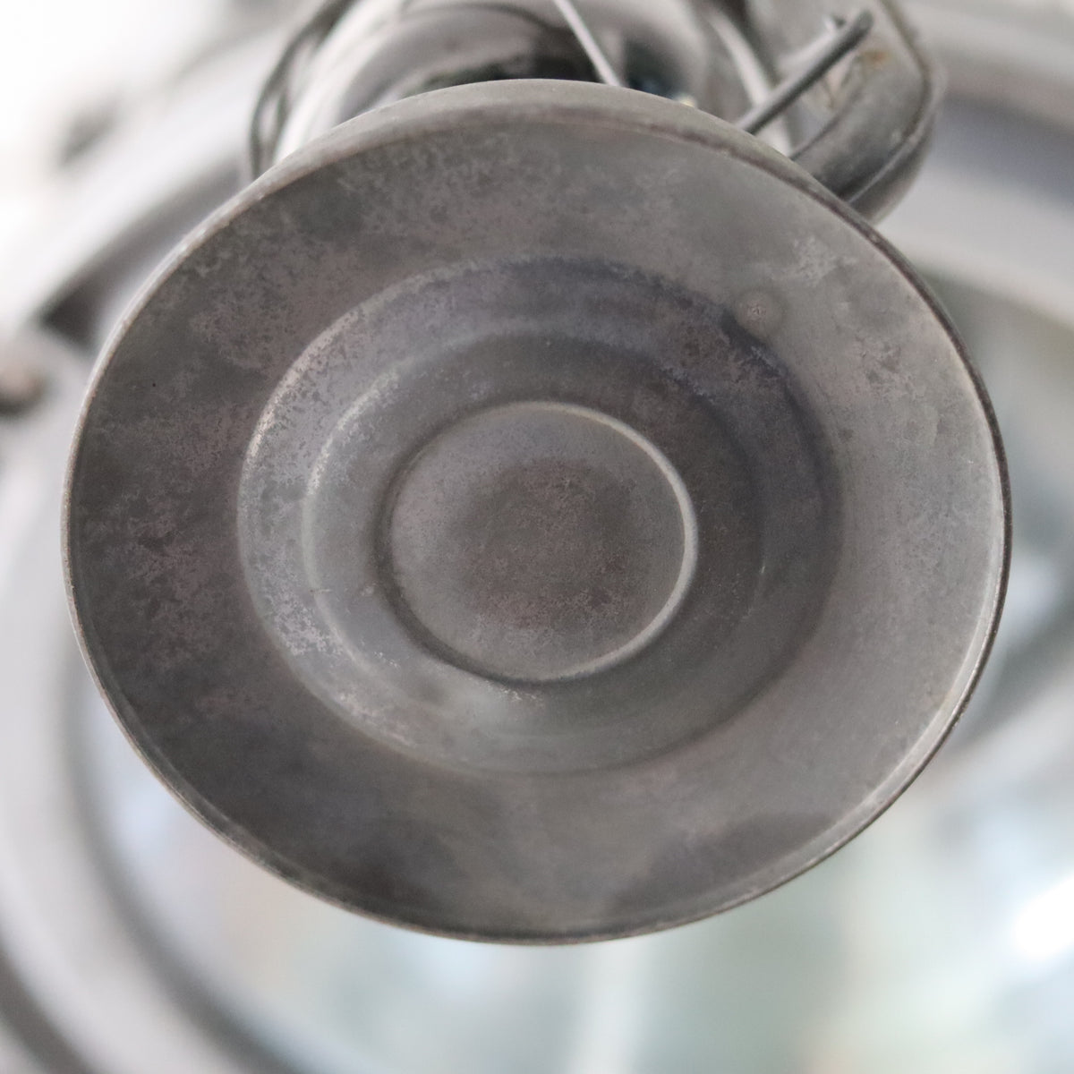 Restored Vintage Feuerhand Baby 275 Hurricane Lantern – Western Germany close-up of metal oil lamp top detail