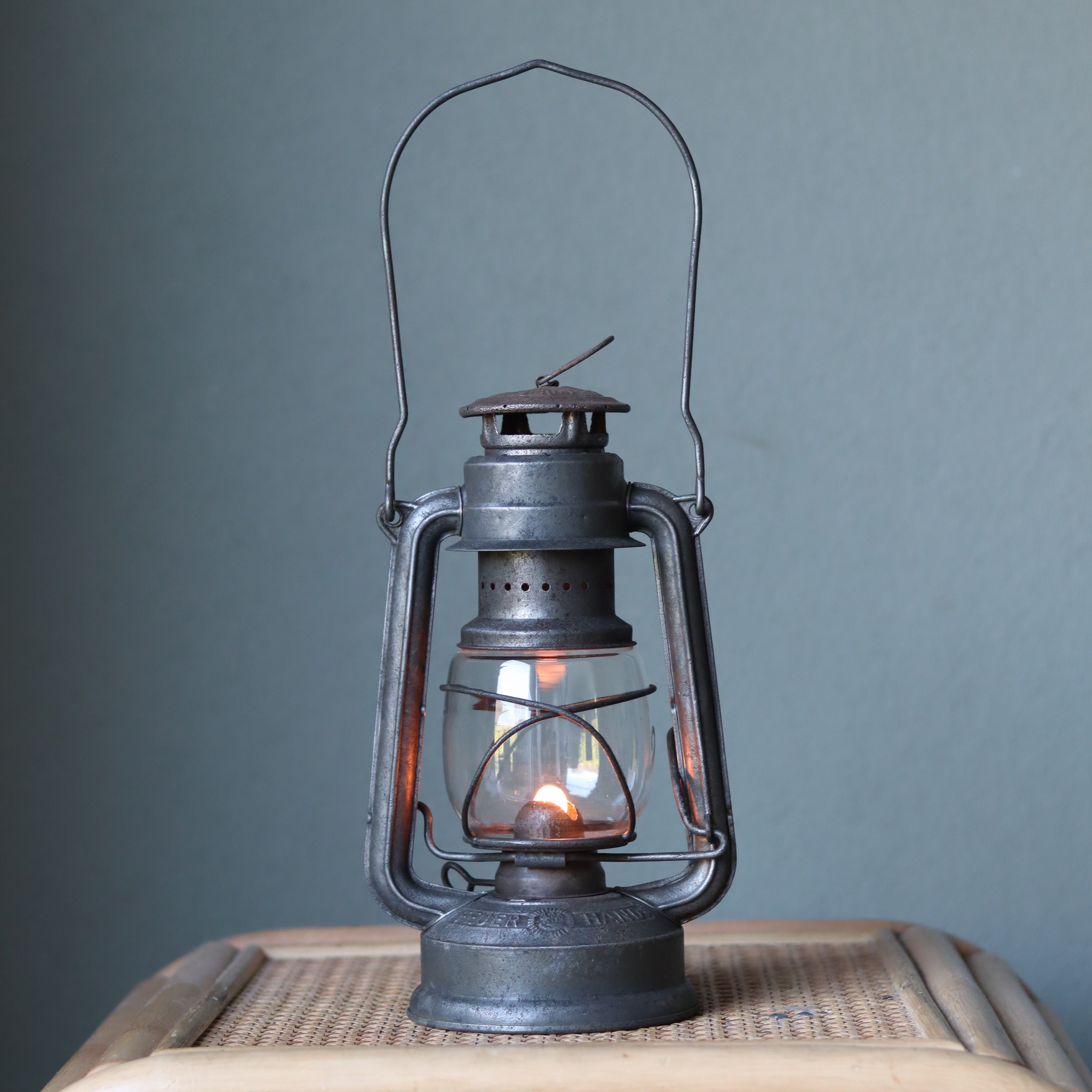 Vintage Feuerhand Baby 275 Hurricane Lantern – Western Germany, 1950s, Karlsruhe Marking oil lamp with lit wick and metal frame design