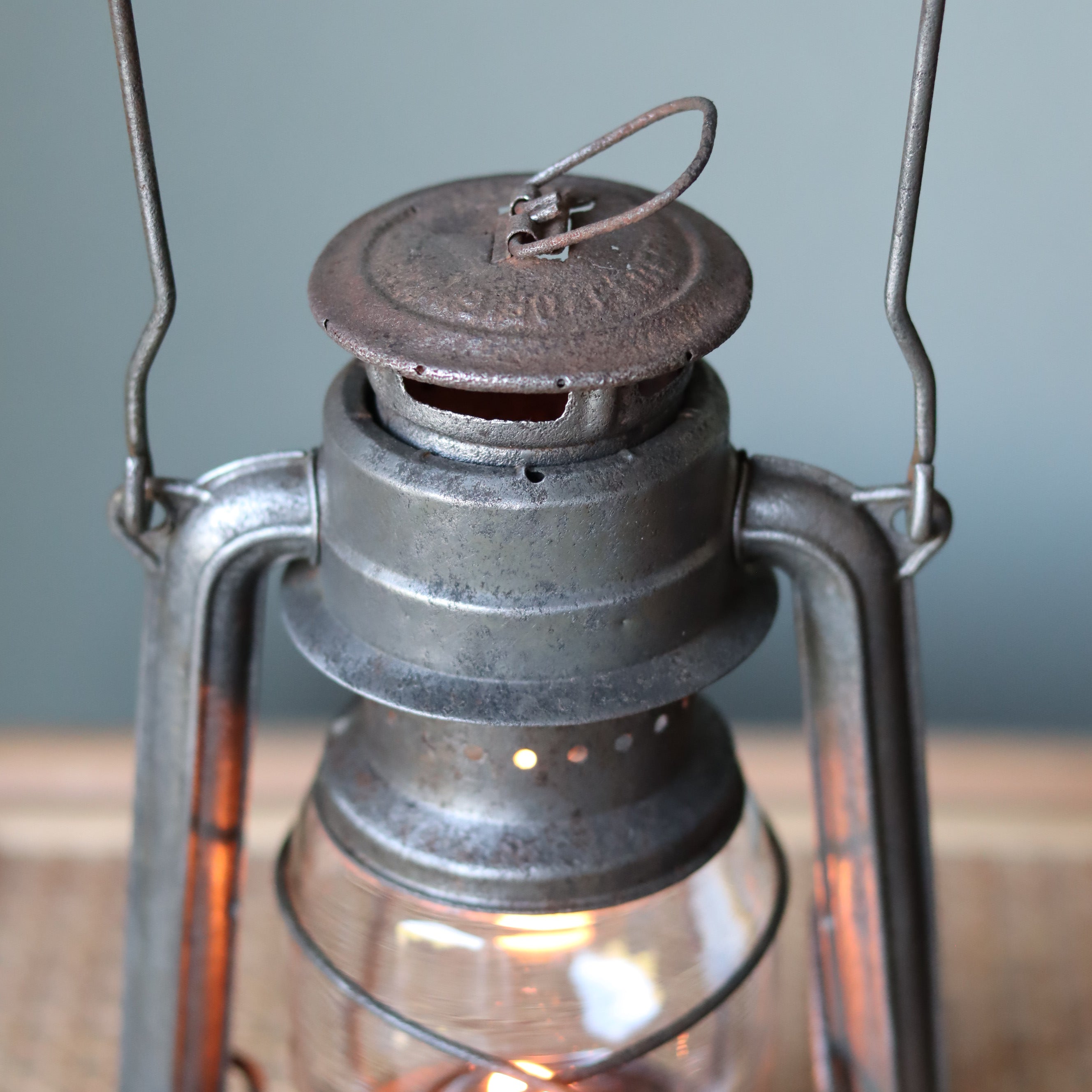 Vintage Feuerhand Baby 275 Hurricane Lantern – Western Germany, 1950s, Karlsruhe Marking oil lamp close-up showing metal and glass details