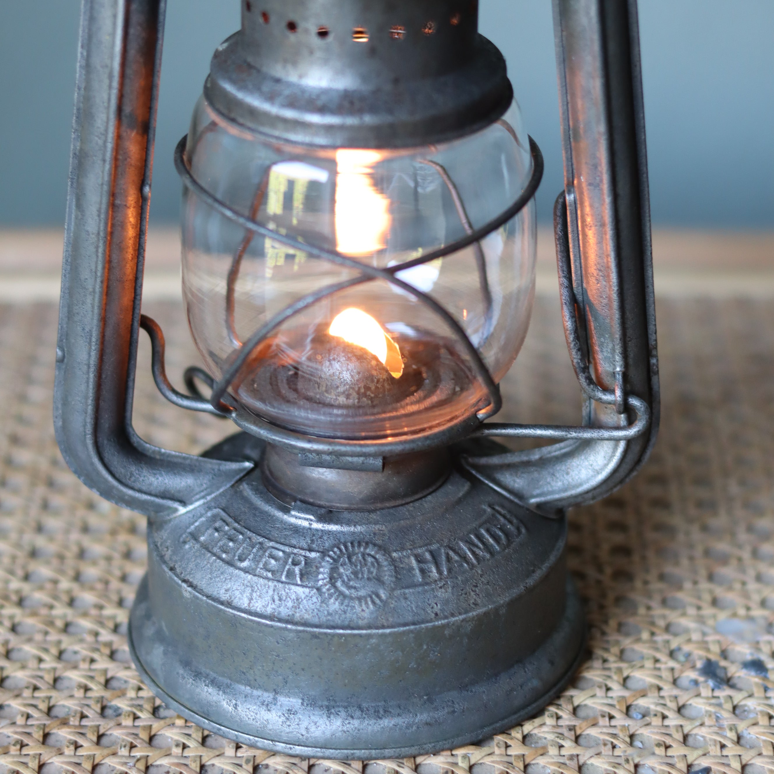 Vintage Feuerhand Baby 275 Hurricane Lantern – Western Germany, 1950s, Karlsruhe Marking oil lamp with flame inside glass protector