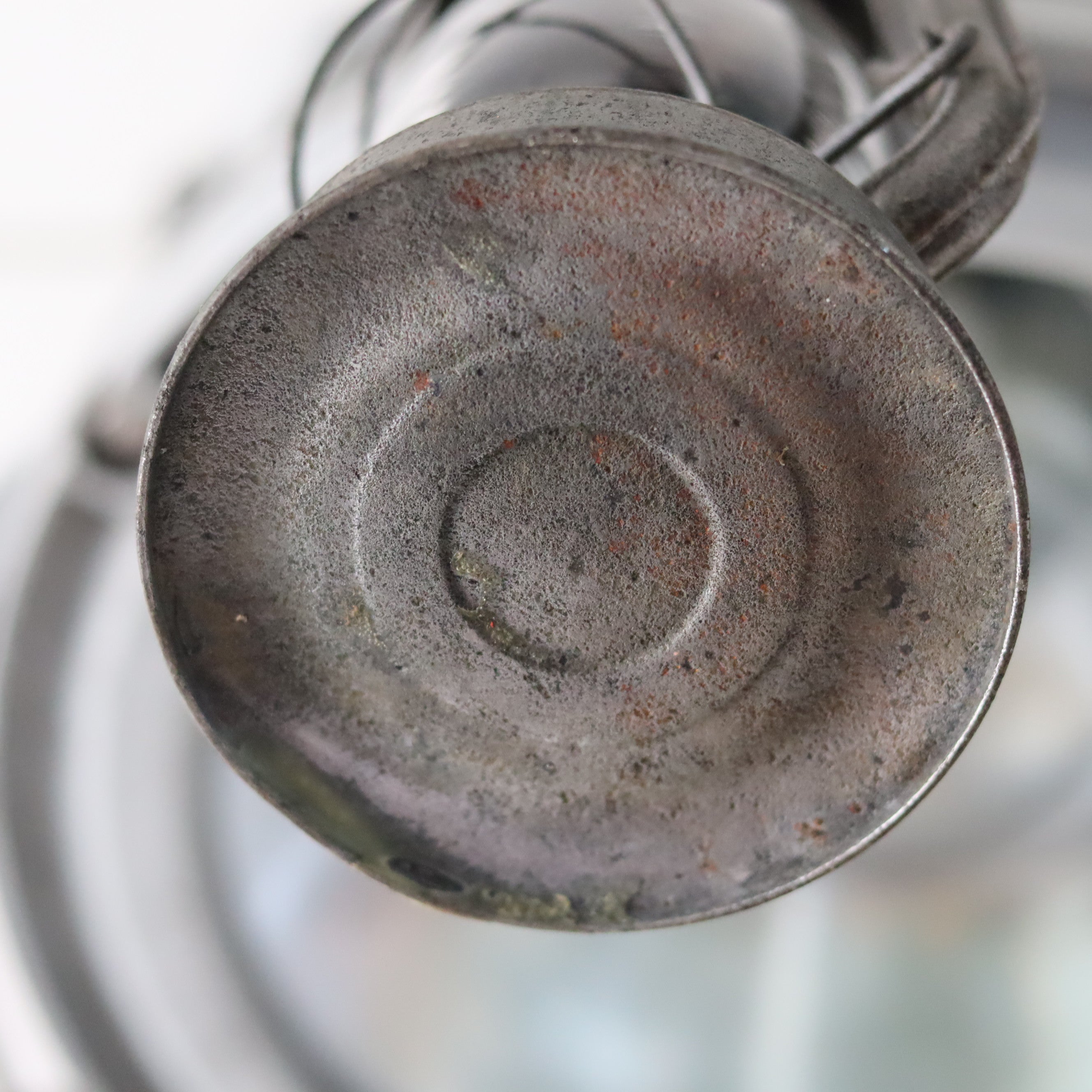Close-up of the metal top of Vintage Feuerhand Baby 275 Hurricane Lantern – Western Germany, 1950s, Karlsruhe Marking oil lamp