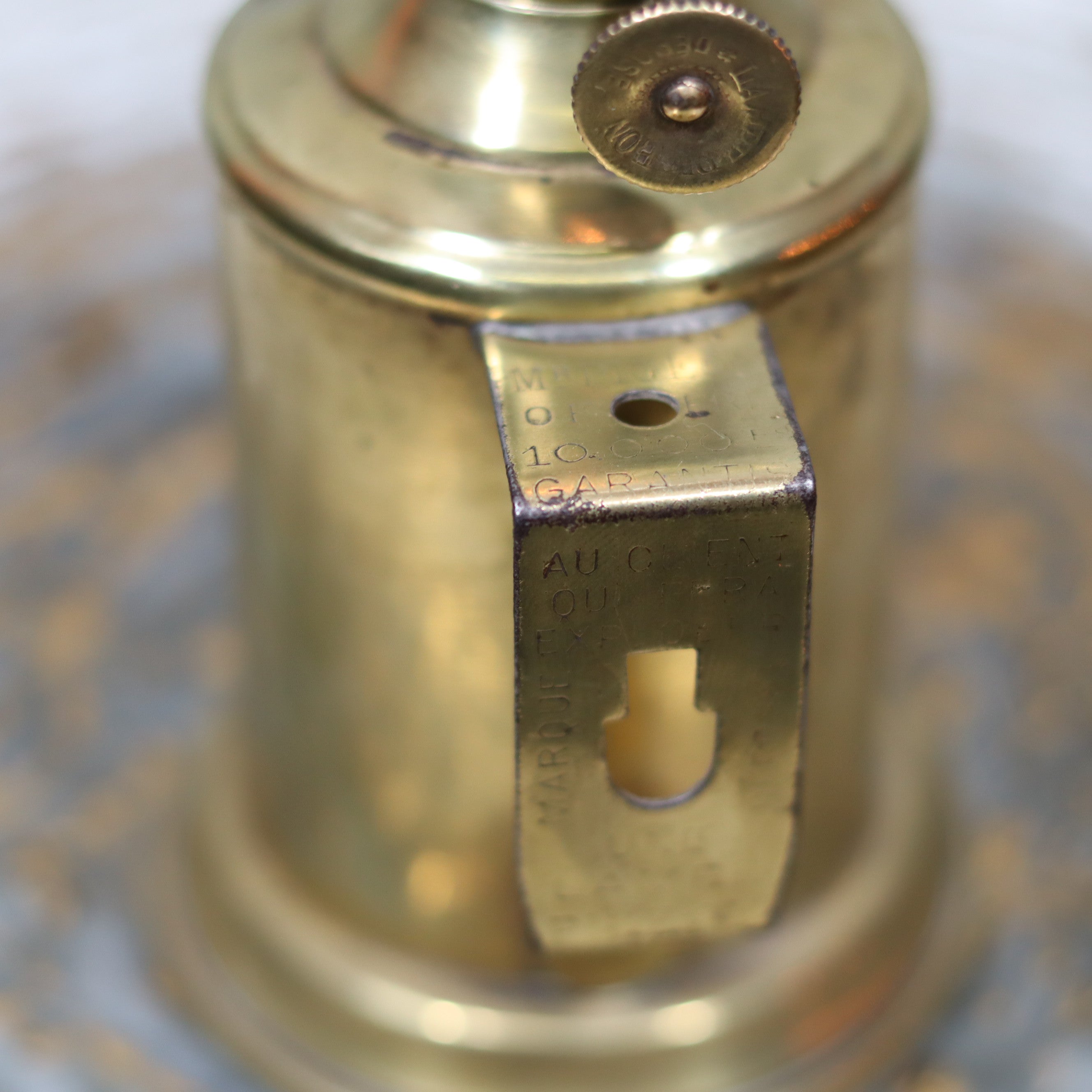 Close-up of metal details on Rare Antique Oil Lamp – Early Pigeon Lamp (Circa 1900) showcasing its authentic craftsmanship