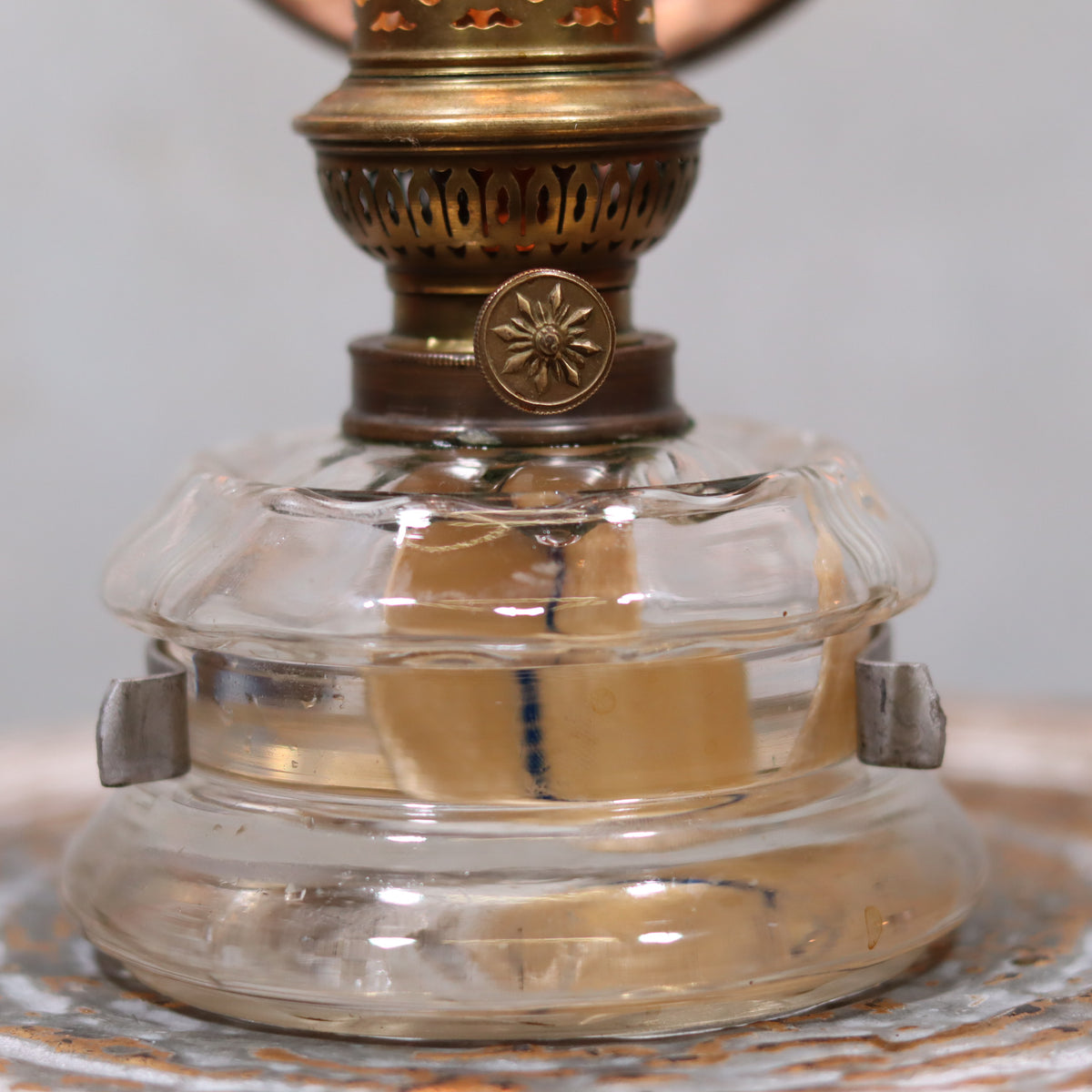 Vintage Oil Lamp – Classic Wall or Kitchen Lamp with Silver Reflector featuring detailed glass oil reservoir and ornate brass burner components