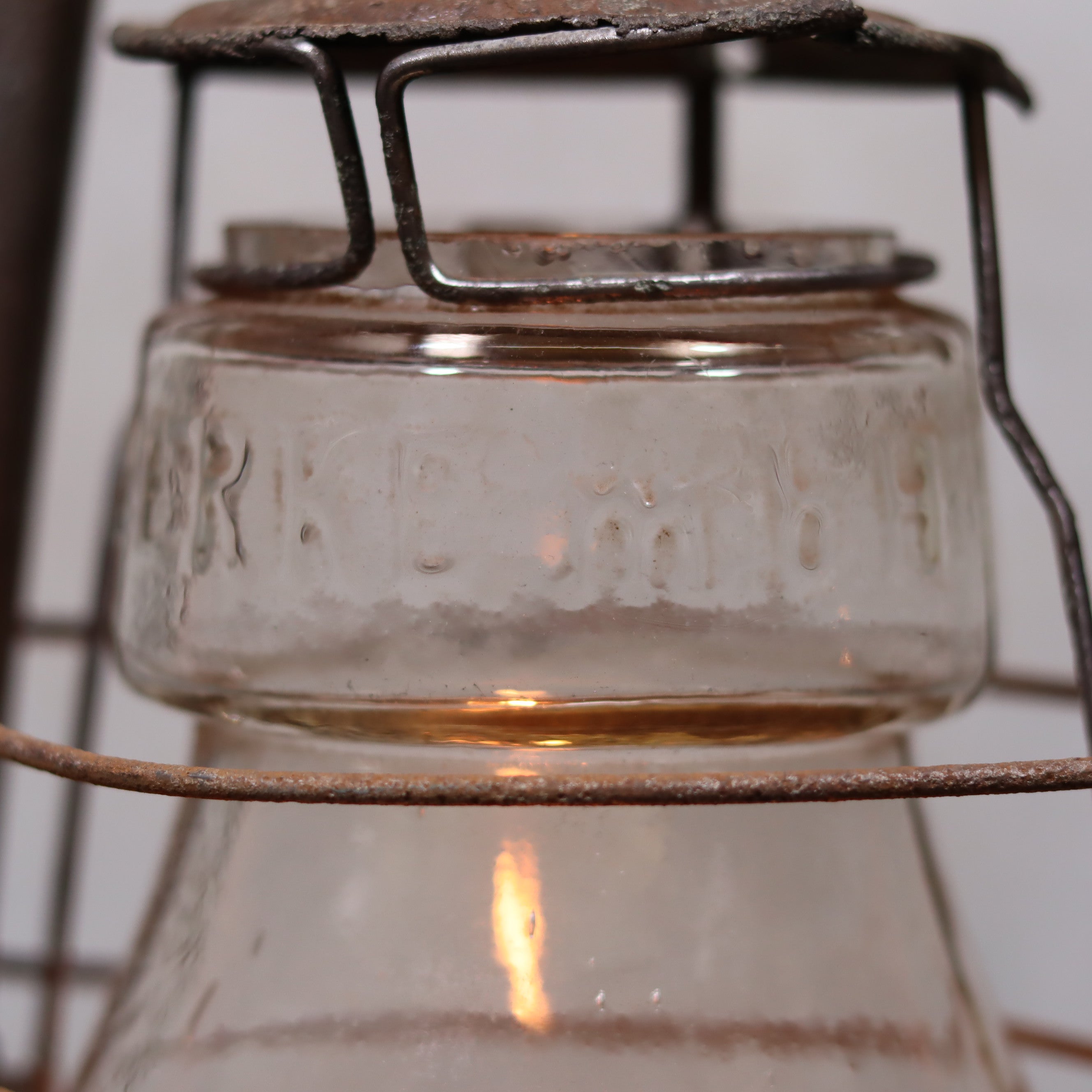 Close-up of Rare German Hurricane Lantern – Mammut by Lohmann & Ruhland (Circa 1910) oil lamp glass and metal frame details