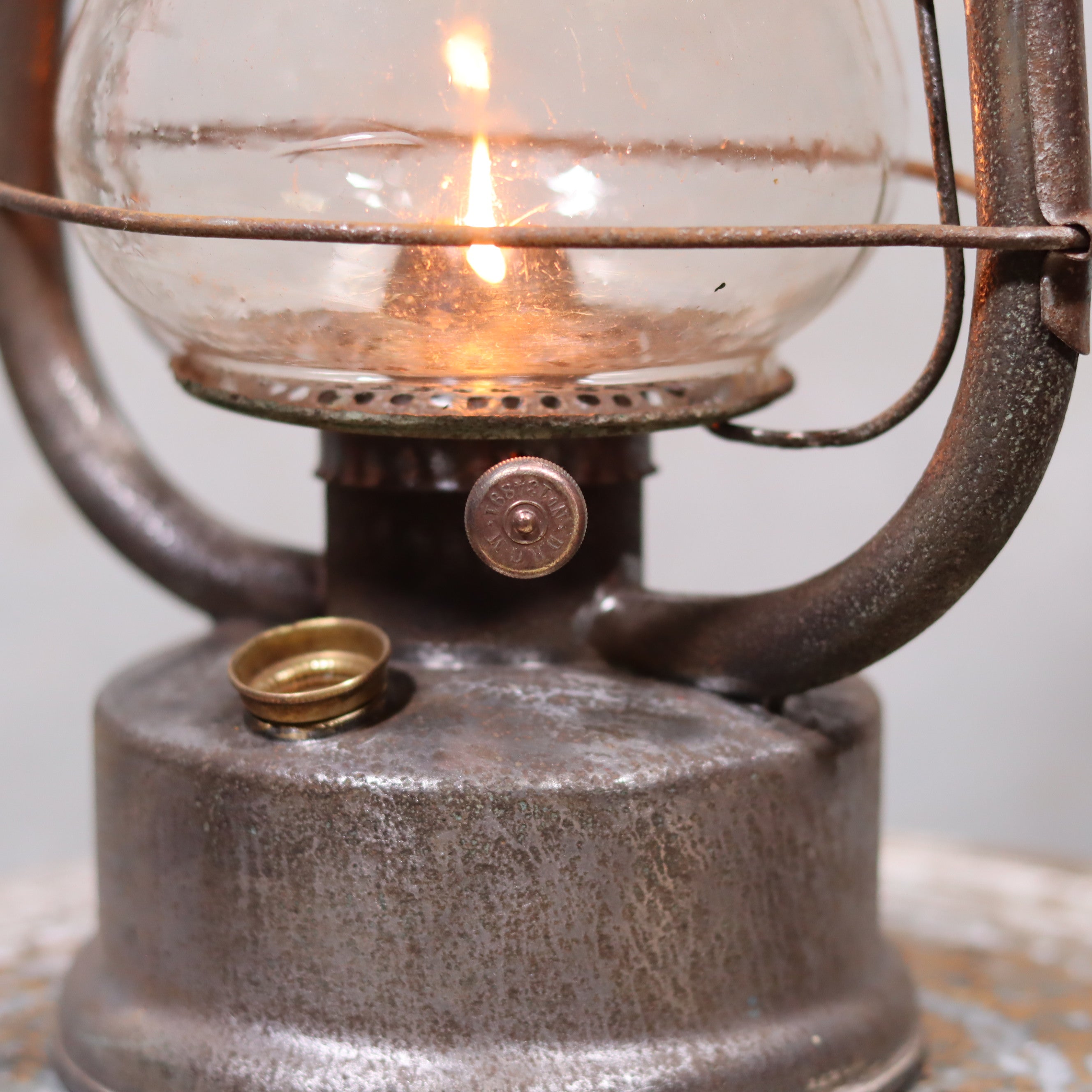 Close-up of the oil lamp flame on the Rare German Hurricane Lantern – Mammut by Lohmann & Ruhland (Circa 1910)