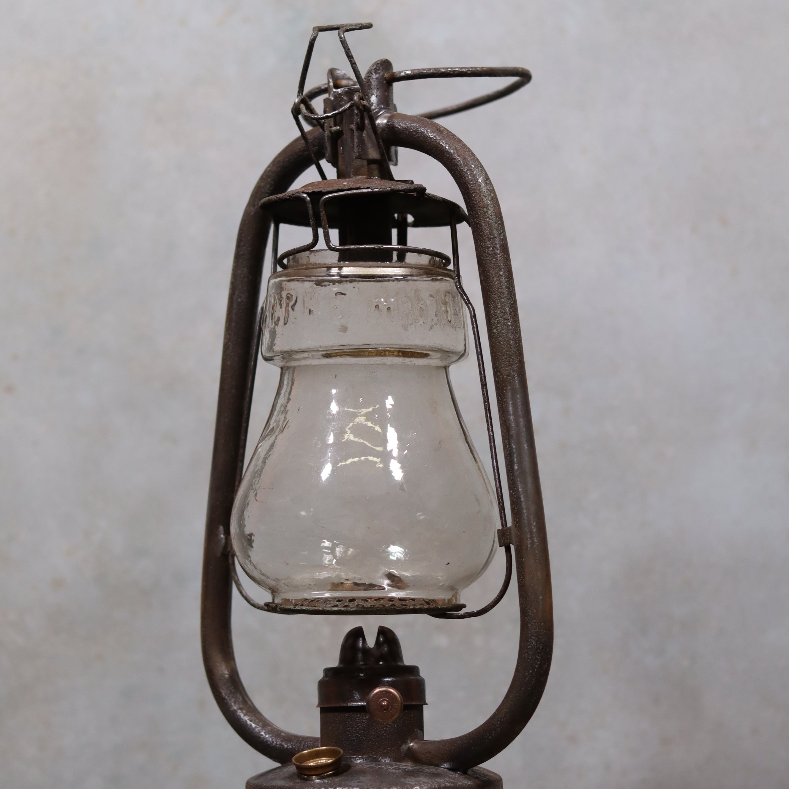 Rare German Hurricane Lantern – Mammut by Lohmann & Ruhland (Circa 1910) vintage oil lamp with rusted metal frame and glass globe
