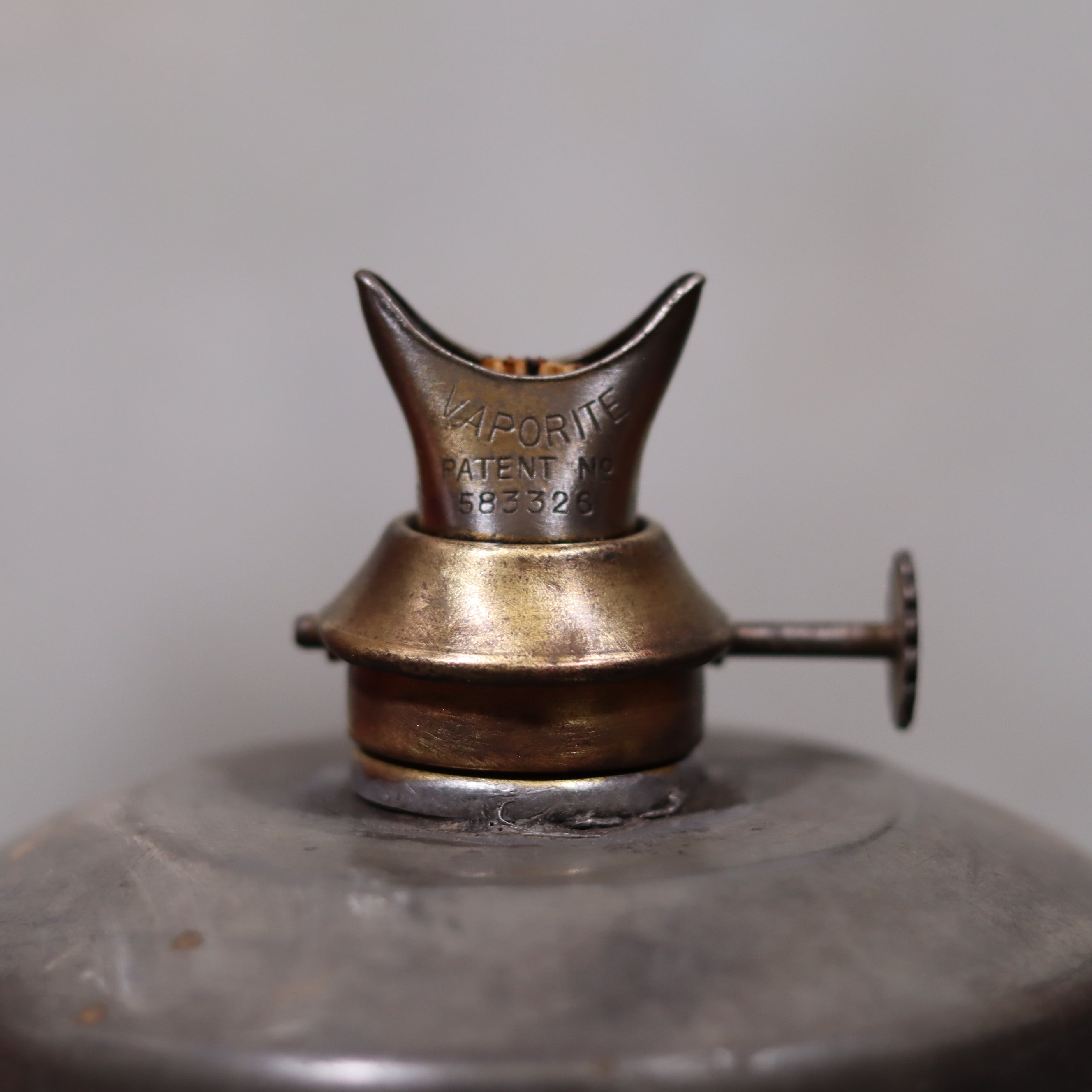Close-up of the vintage Roadwork Oil Lamp – A. Sartorius Wuppertal with Fishtail Burner (1960s) metal burner detail