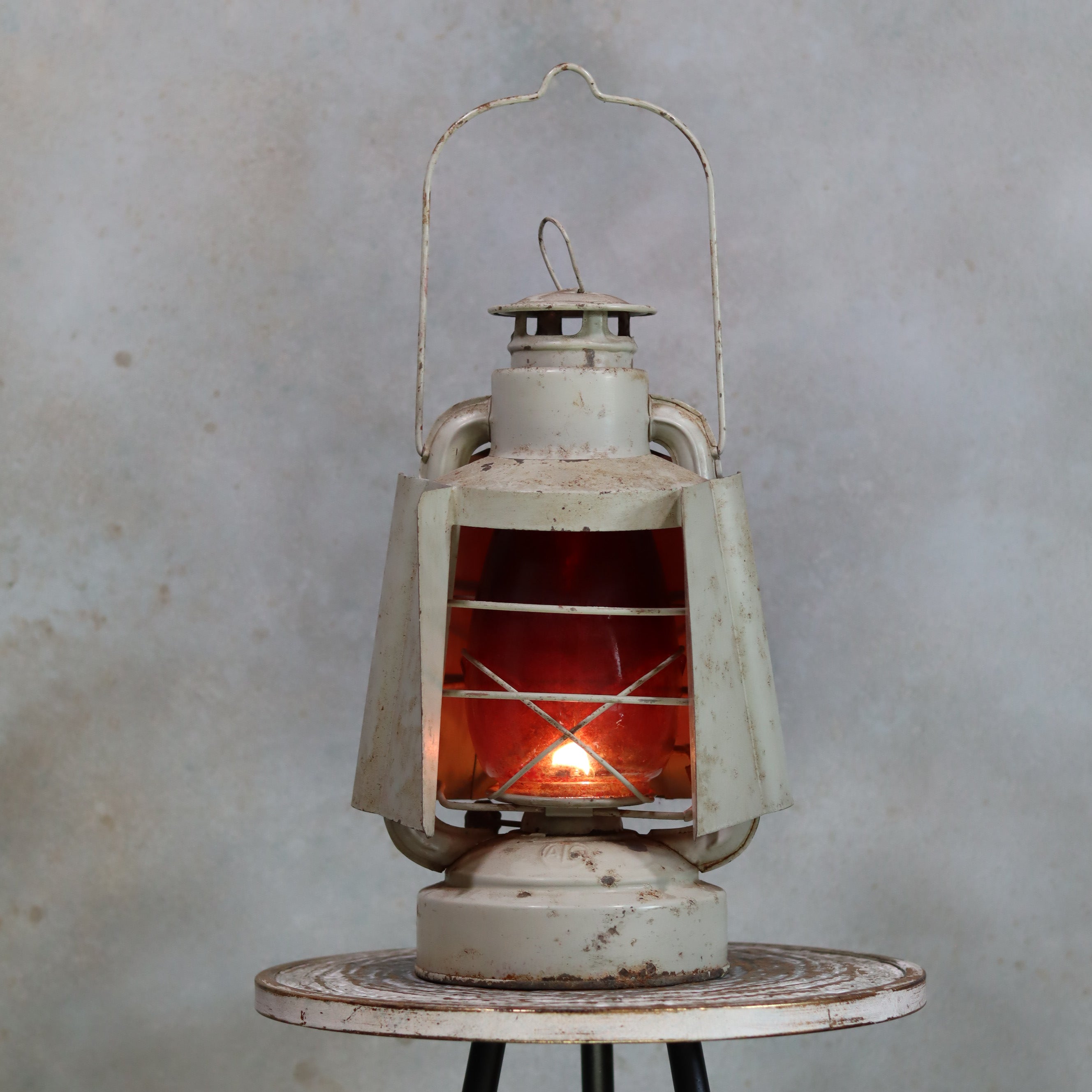 Vintage French ALG Hurricane Lantern with Signal Hood – Red Painted Glass (1960s/70s) oil lamp with rustic metal frame