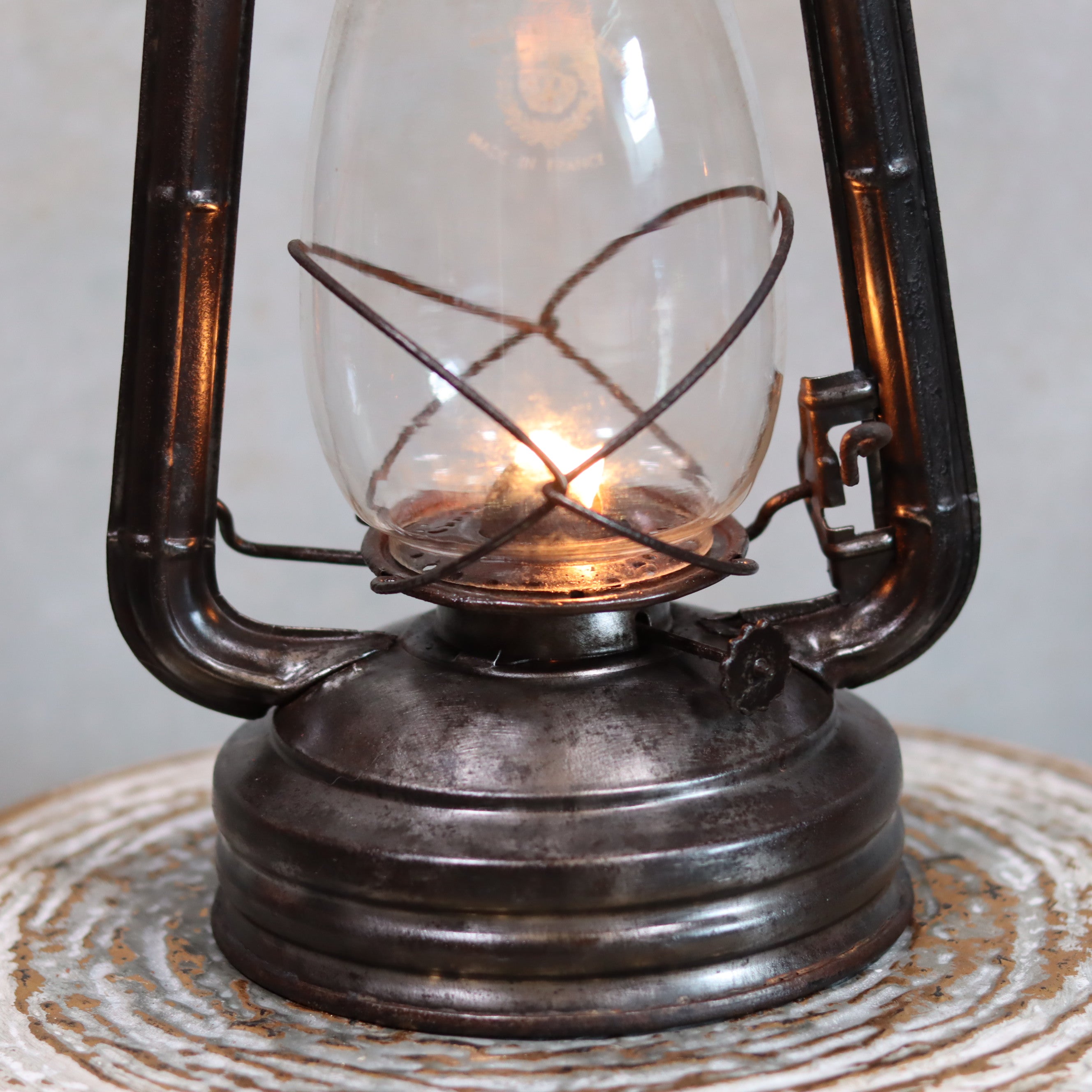 Vintage French ALG No. 6 Hurricane Lantern – Cristal Supérieur Glass (1930s) oil lamp with metal frame and lit wick