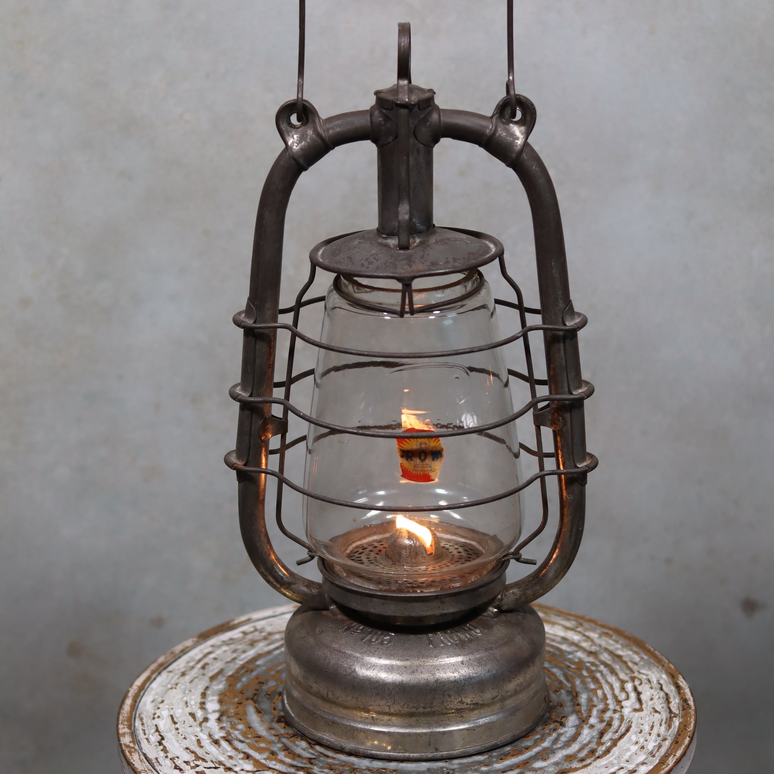 Vintage Frowo 105 Hurricane Lantern – Original Glass & Partial Sticker German oil lamp with flame and metal protective frame