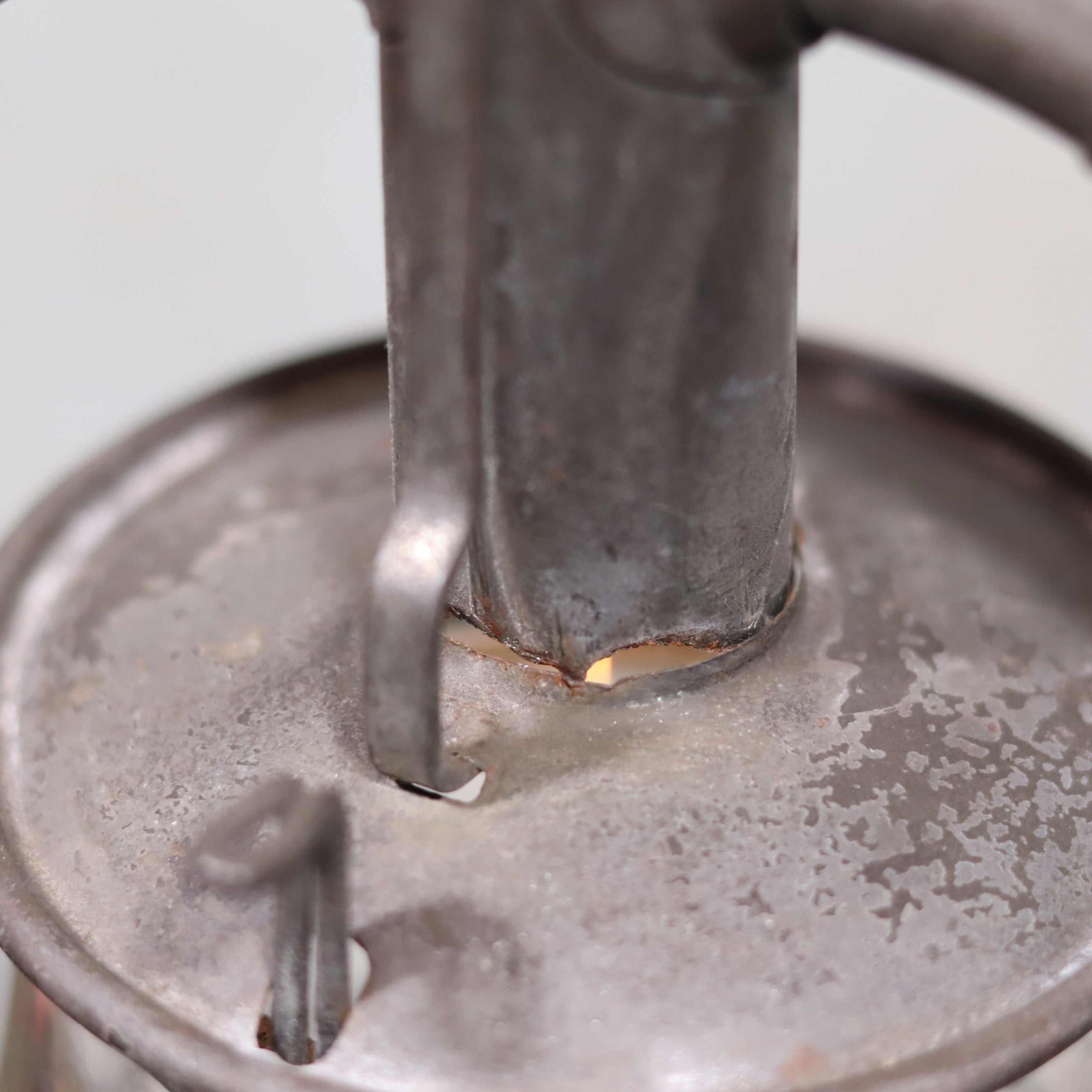 Close-up of metal top detail on Vintage Frowo 105 Hurricane Lantern – Original Glass & Partial Sticker oil lamp