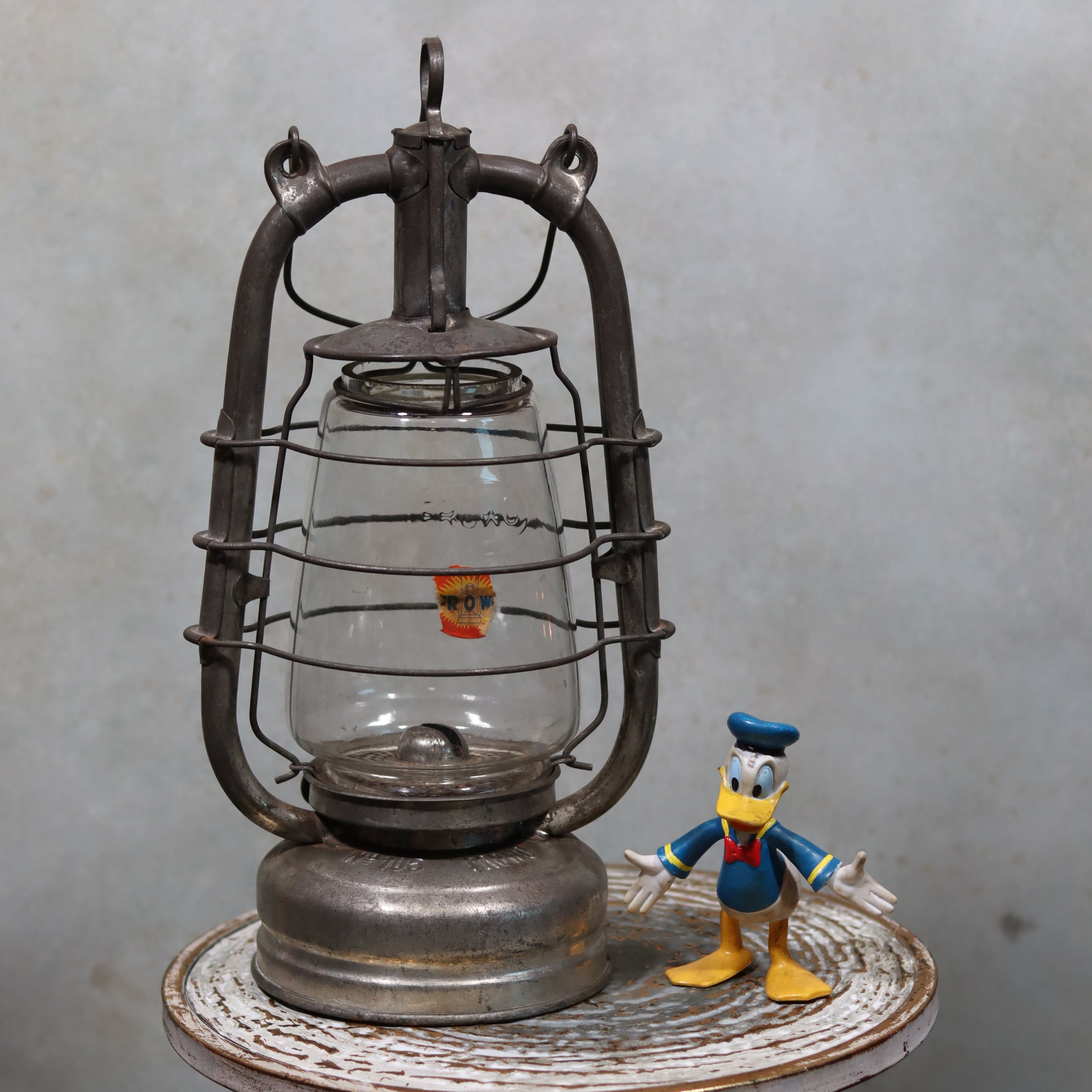 Vintage Frowo 105 Hurricane Lantern – Original Glass & Partial Sticker with metal frame and vintage oil lamp design