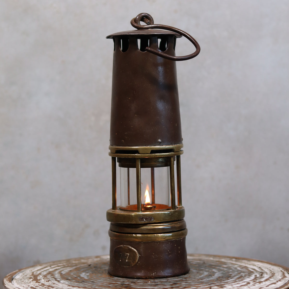 Heavy Vintage Mining Lamp – Numbered 77 – Jenaer Glass – 1930s–1950s authentic oil lamp with metal and glass construction