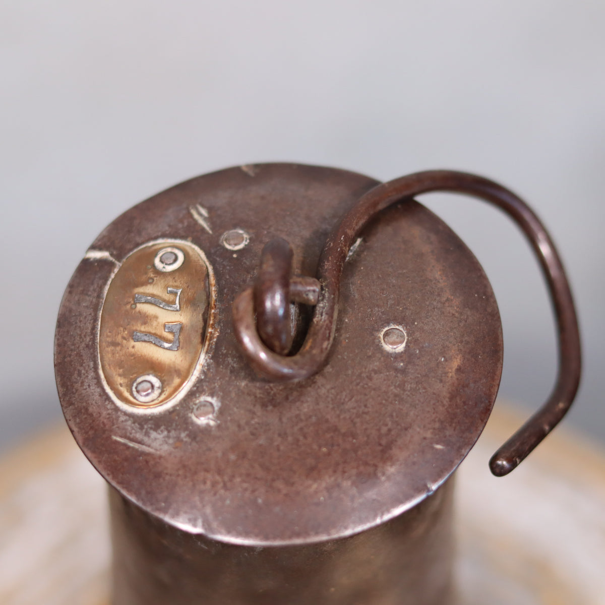 Heavy Vintage Mining Lamp – Numbered 77 – Jenaer Glass – 1930s–1950s close-up of metal hook and number plate detail