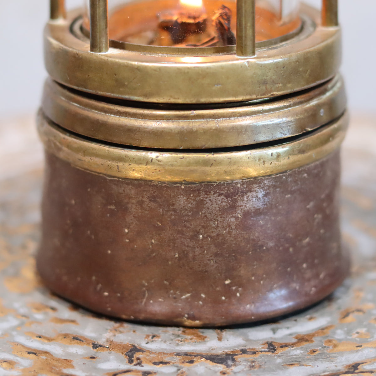 Close-up of the base and burning wick of the Heavy Vintage Mining Lamp – Numbered 77 – Jenaer Glass – 1930s–1950s oil lamp.