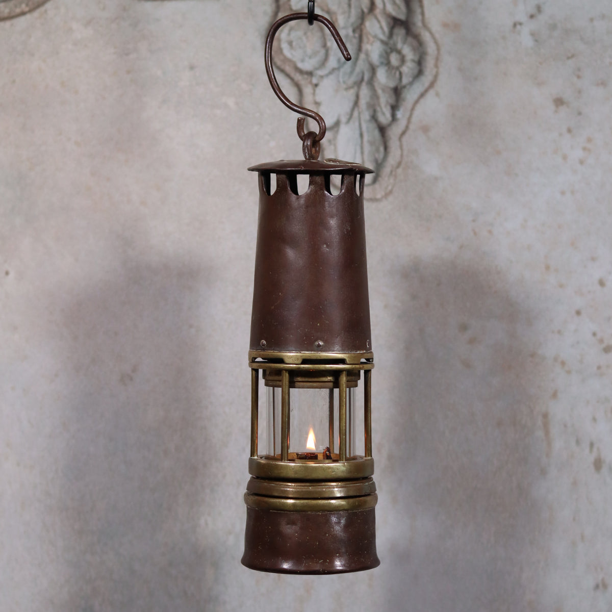 Heavy Vintage Mining Lamp – Numbered 77 – Jenaer Glass – 1930s–1950s with lit oil lamp and hanging hook detail