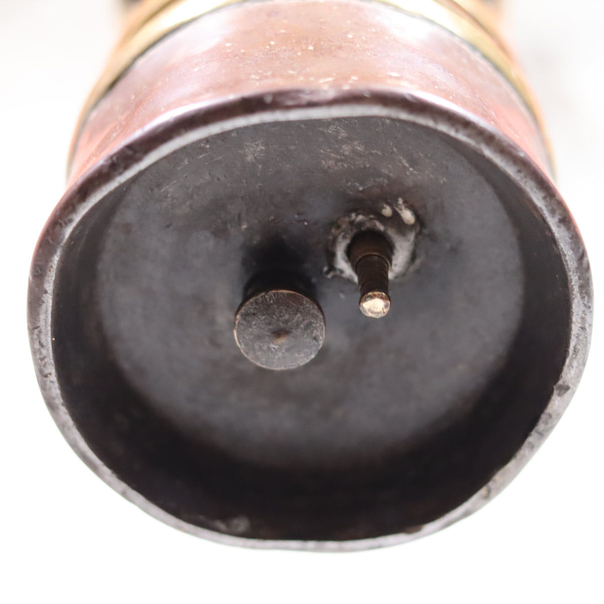 Heavy Vintage Mining Lamp – Numbered 77 – Jenaer Glass – 1930s–1950s oil lamp base and ignition details close-up view