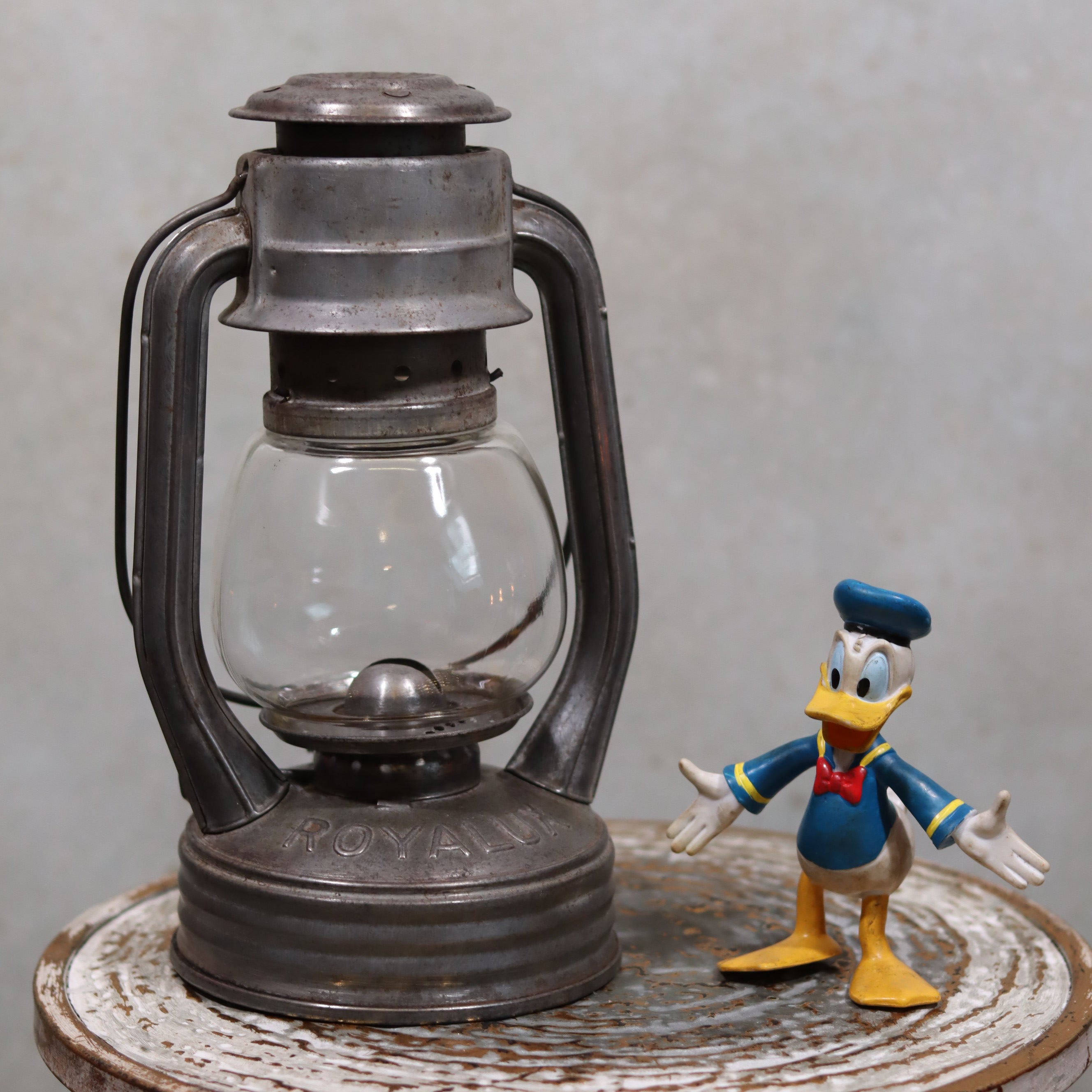 Vintage French Royalux Hurricane Lantern – Glass Lift Mechanism (27 cm) oil lamp with metal frame and clear glass globe